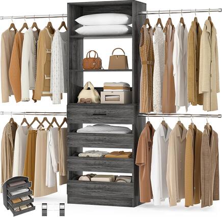 Front. Aheaplus - 4-9FT Adjustable Wooden Closet Organizer, 4 Drawers & 4 Hanging Rods, Heavy Duty Walk-in Wardrobe System - Gray Oak.