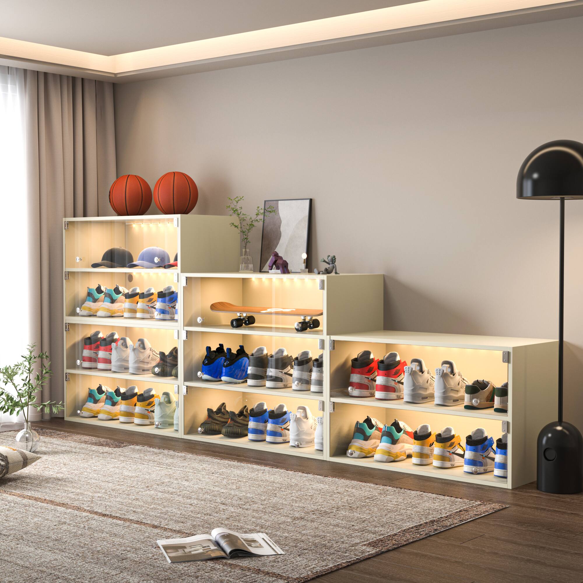 Angle. GOODSILO - Modern Glass Door Shoe Storage Cabinet with LED Lighting for Sneaker Display and Protection - Off White.