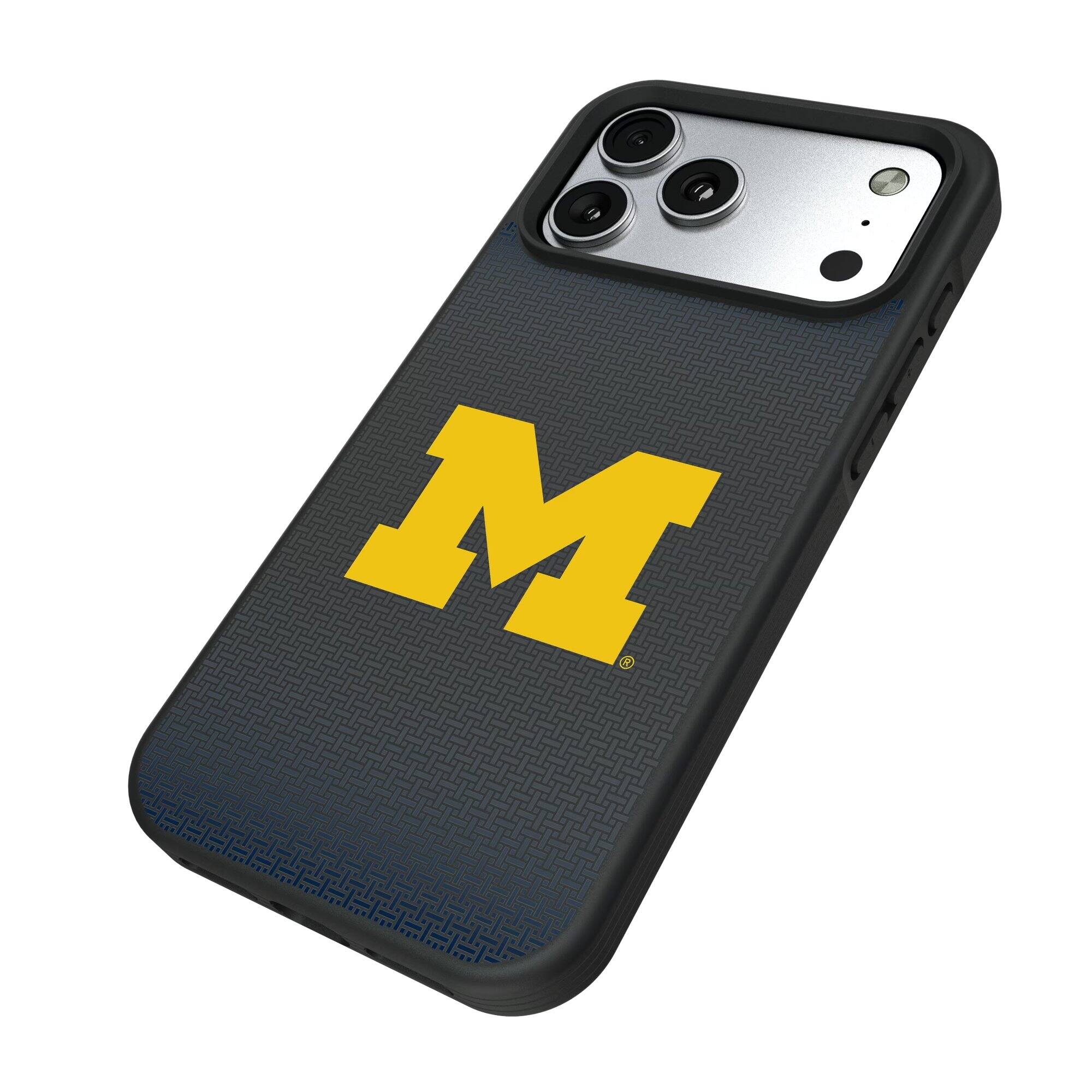 Alt View 1. Keyscaper - Michigan Wolverines Linen Logo iPhone Bump Case - 15 Plus - Black.