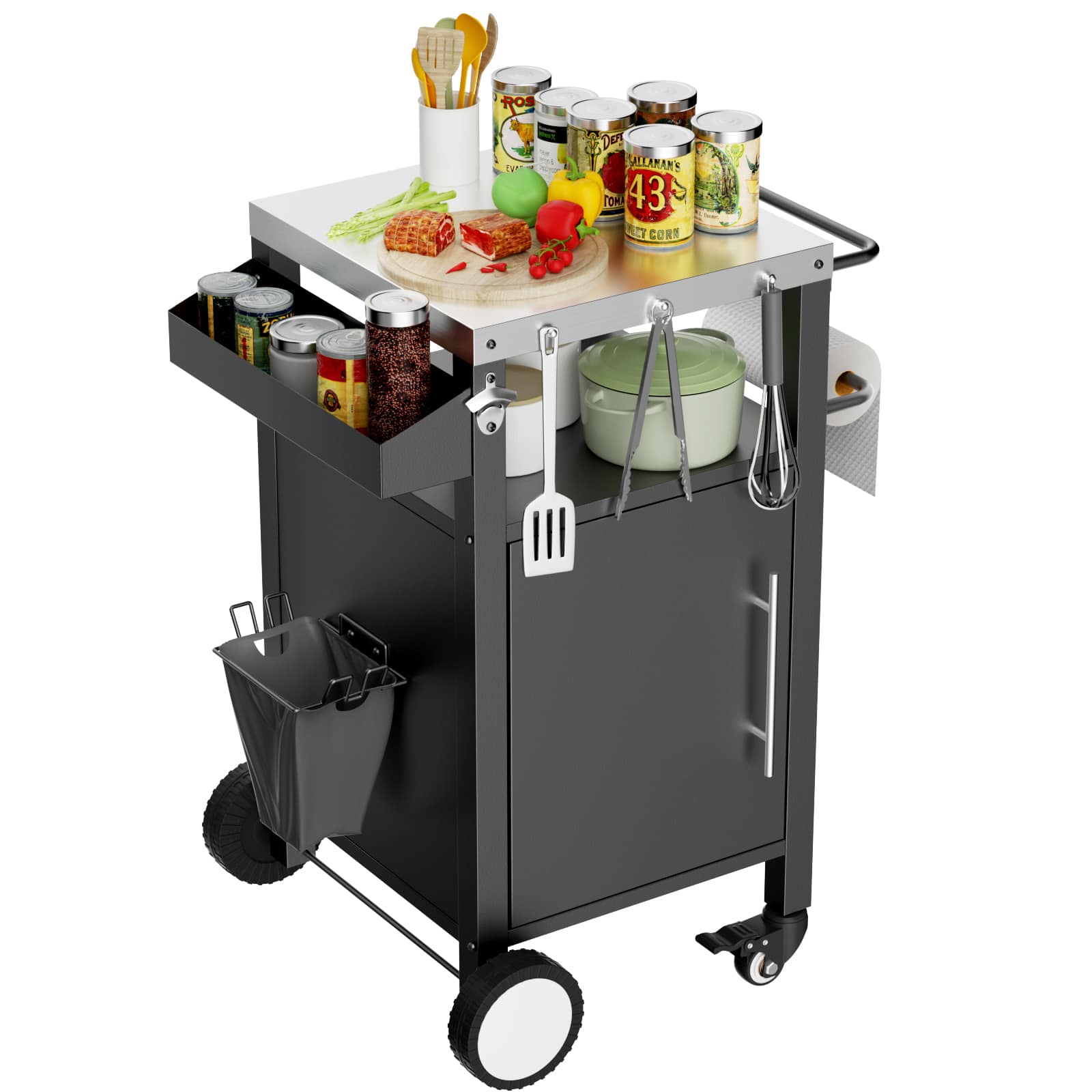 Chateau Abodes - Outdoor Grill Cart & BBQ Station with Storage, Hooks, Spice Rack & Wheels for Patio & Grilling Accessories - Black - S