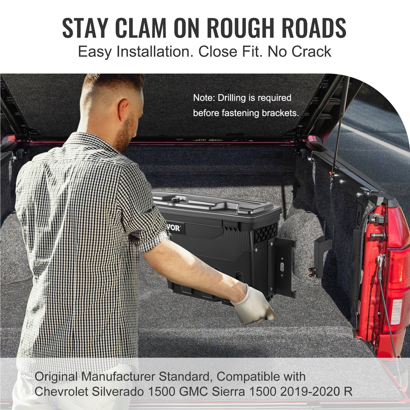 STAY CLAM ON ROUGH ROADS  
Easy Installation. Close Fit. No Crack  

Note: Drilling is required before fastening brackets.  

Original Manufacturer Standard, Compatible with Chevrolet Silverado 1500 GMC Sierra 1500 2019-2020 R