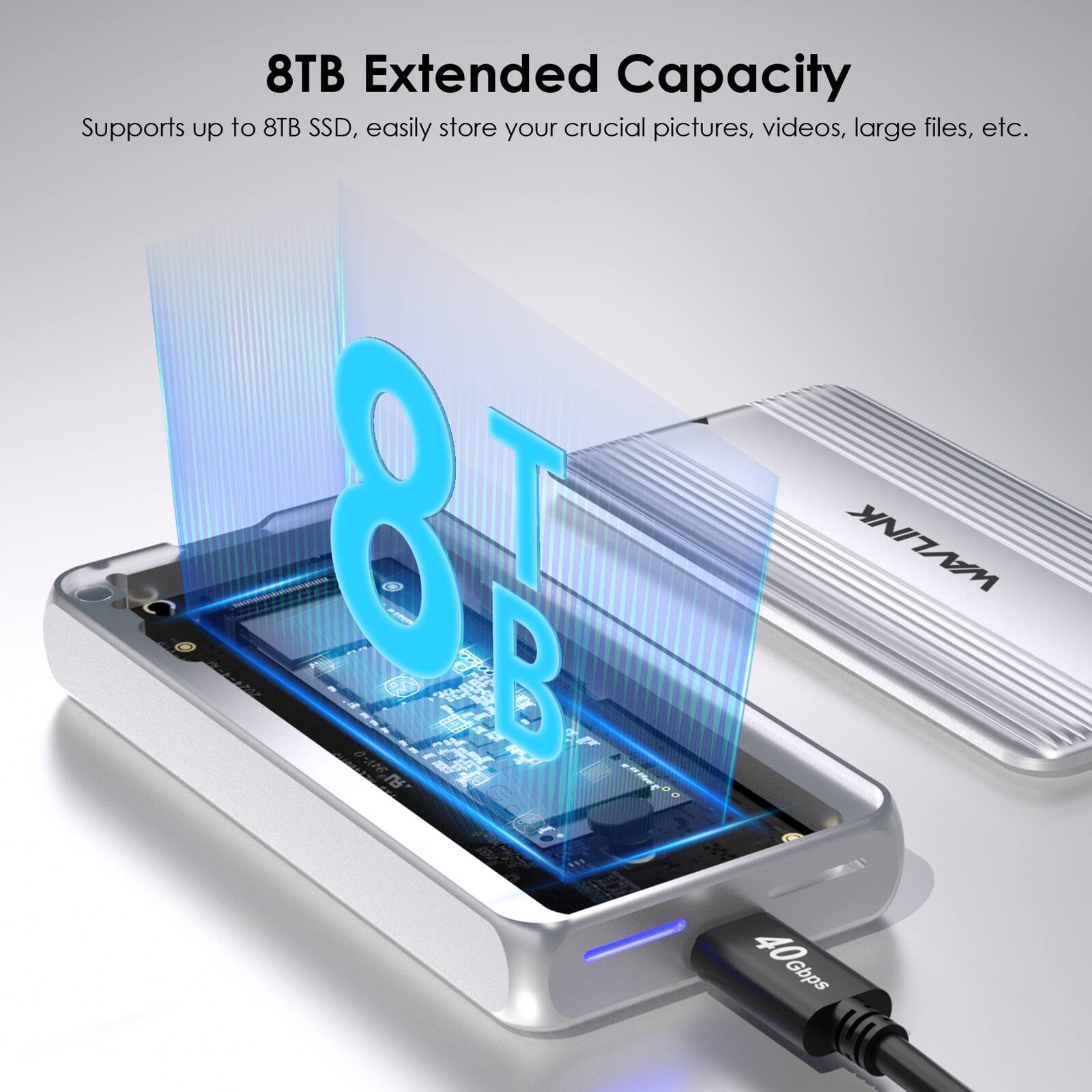 8TB Extended Capacity  
Supports up to 8TB SSD, easily store your crucial pictures, videos, large files, etc.  
RF & WALINK RJ-94V-03  
40 Gbps