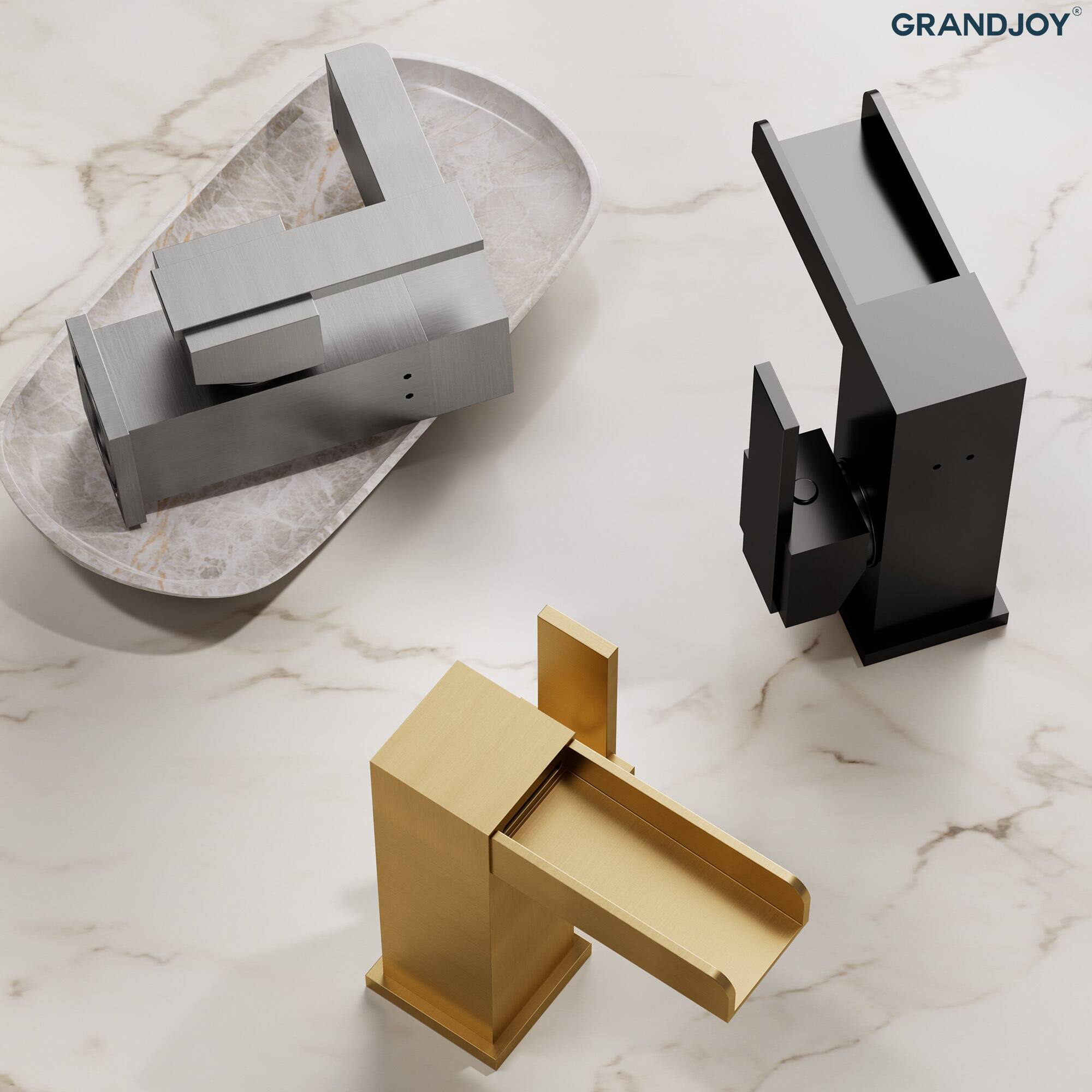 Back. GRANDJOY - Single Handle LED Waterfall Bathroom Faucet with Pop-Up Drain, Temperature Changing Light & Open Trough Spout - Matte Black.