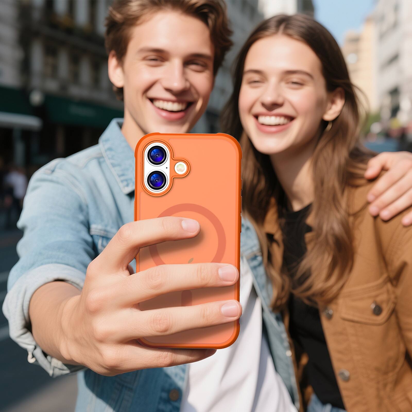 Alt View 2. Dteck - Magnetic for iPhone 17 Case, Compatible with MagSafe, Military Grade Drop Protection Translucent Matte Phone Cover - Orange.