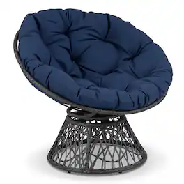 Gymax - 360-DegreeSwivel Papasan Chair Round Wicker Lounge Chair w/Thick Cushion&Metal Frame Navy - Blue