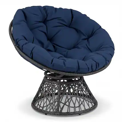 Front. Gymax - Gymax 360-DegreeSwivel Papasan Chair Round Wicker Lounge Chair w/Thick Cushion&Metal Frame Navy Blue - Blue.
