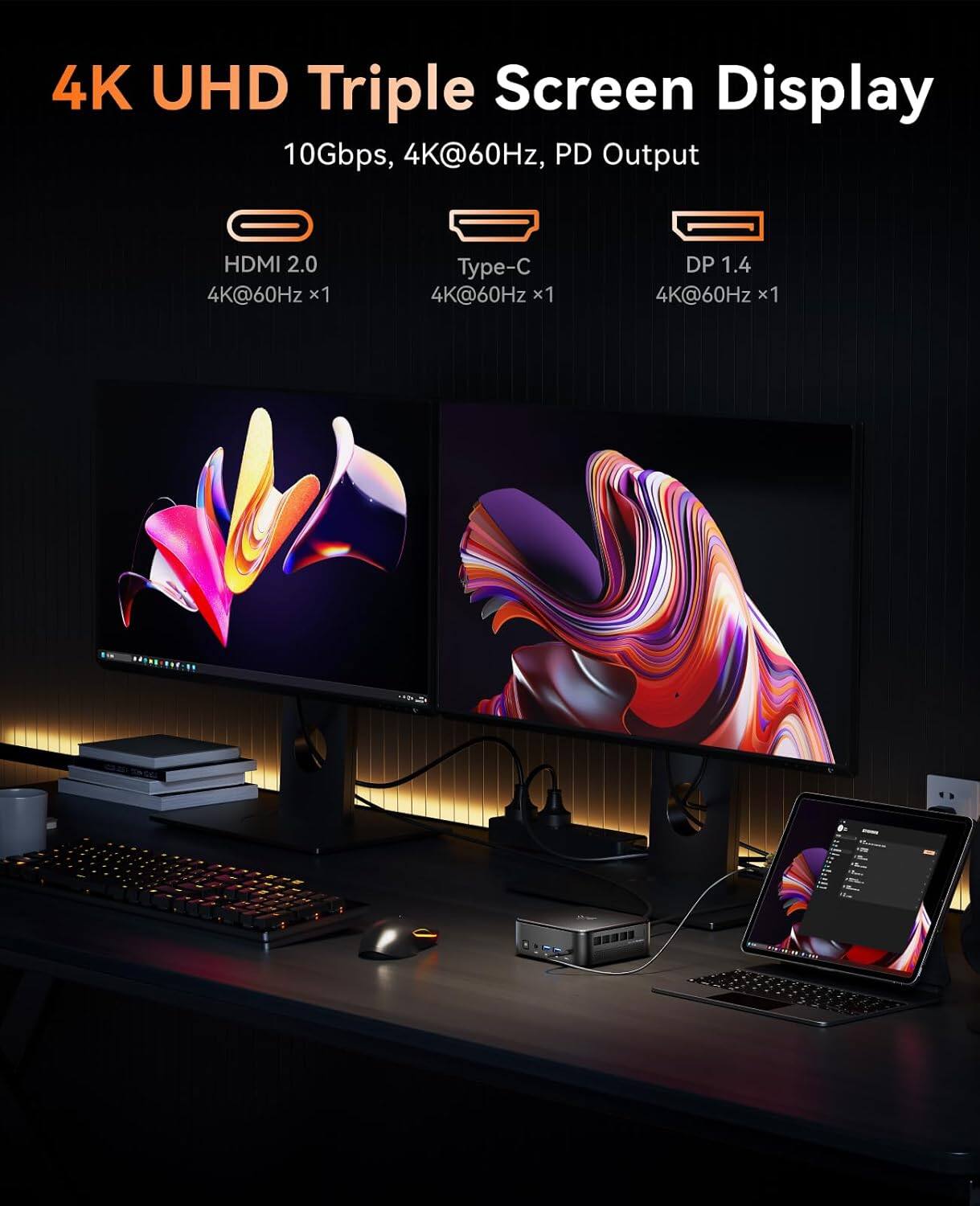 4K UHD Triple Screen Display  
10Gbps, 4K@60Hz, PD Output  
HDMI 2.0 4K@60Hz x1  
Type-C 4K@60Hz x1  
DP 1.4 4K@60Hz x1