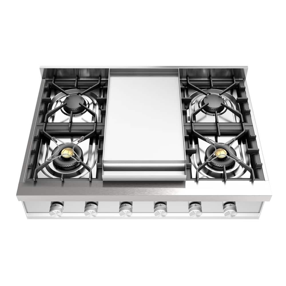 ILVE - Professional Plus II Series 36 in. Gas Rangetop with 6 Sealed Burners + Griddle (Liquid Propane, Satin Trim) - Stainless Steel