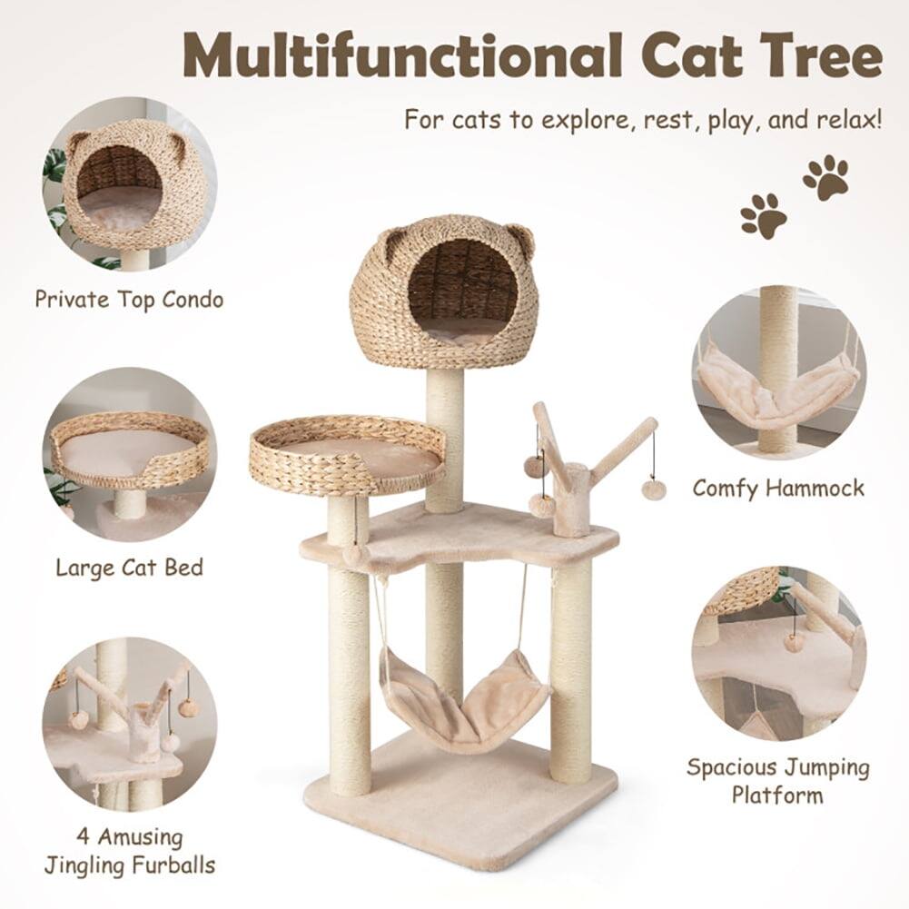 Multifunctional Cat Tree  
For cats to explore, rest, play, and relax!  

- Private Top Condo  
- Comfy Hammock  
- Large Cat Bed  
- 4 Amusing Jingle Furballs  
- Spacious Jumping Platform
