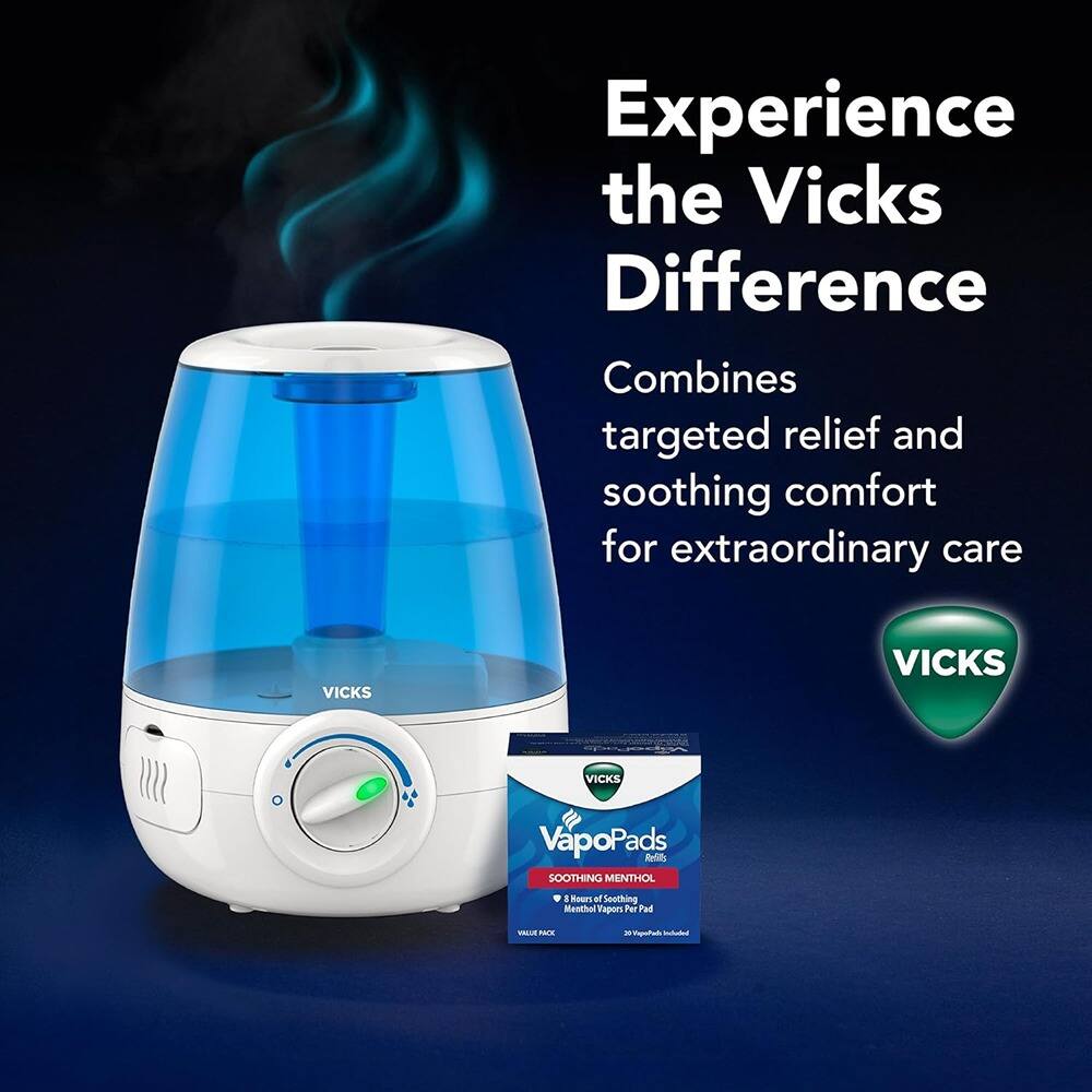 Experience the Vicks Difference  
Combines targeted relief and soothing comfort for extraordinary care  

VICKS VapoPads  
Soothing Menthol  
8 Hours of Soothing Menthol Vapors Per Pad  
20 VapoPads Included