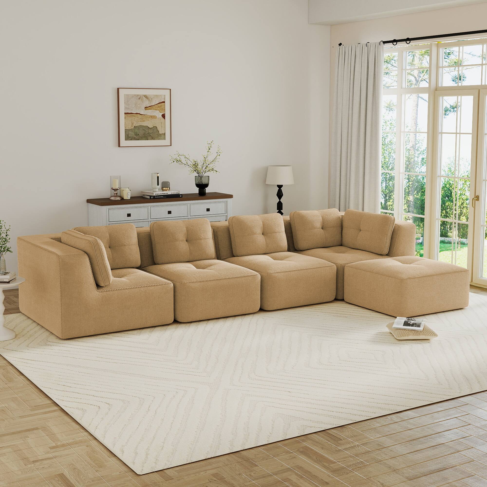 Front. LOVMOR - 4 Seater Corduroy Sectional Couch Modular Deep Seat Storage Ottoman No Assembly Compressed Pack Tufted For Den - Camel.