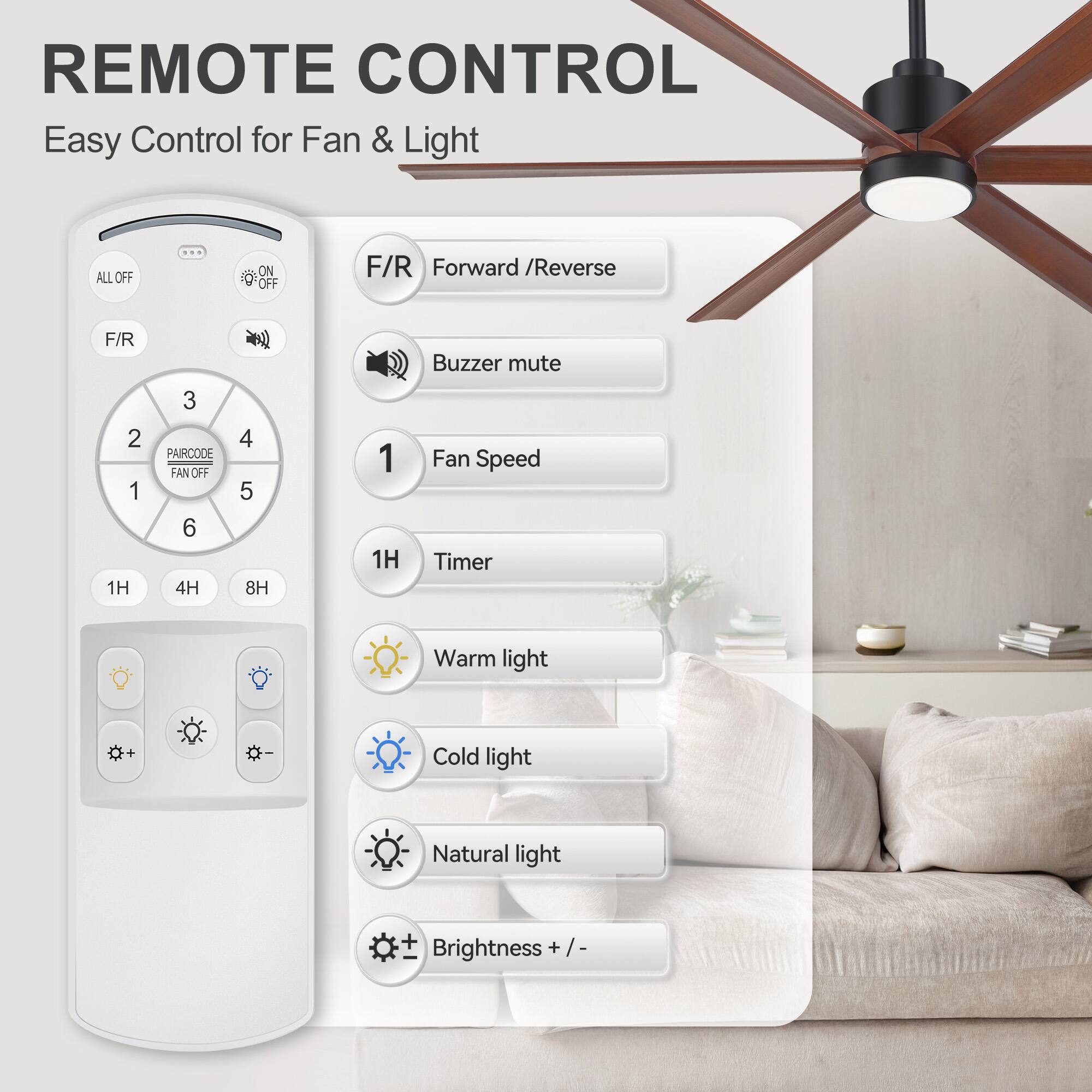 REMOTE CONTROL  
Easy Control for Fan & Light  

- ALL OFF  
- ON/OFF  
- F/R Forward / Reverse  
- Buzzer mute  
- Fan Speed  
- 1H Timer  
- Warm light  
- Cold light  
- Natural light  
- Brightness + / -
