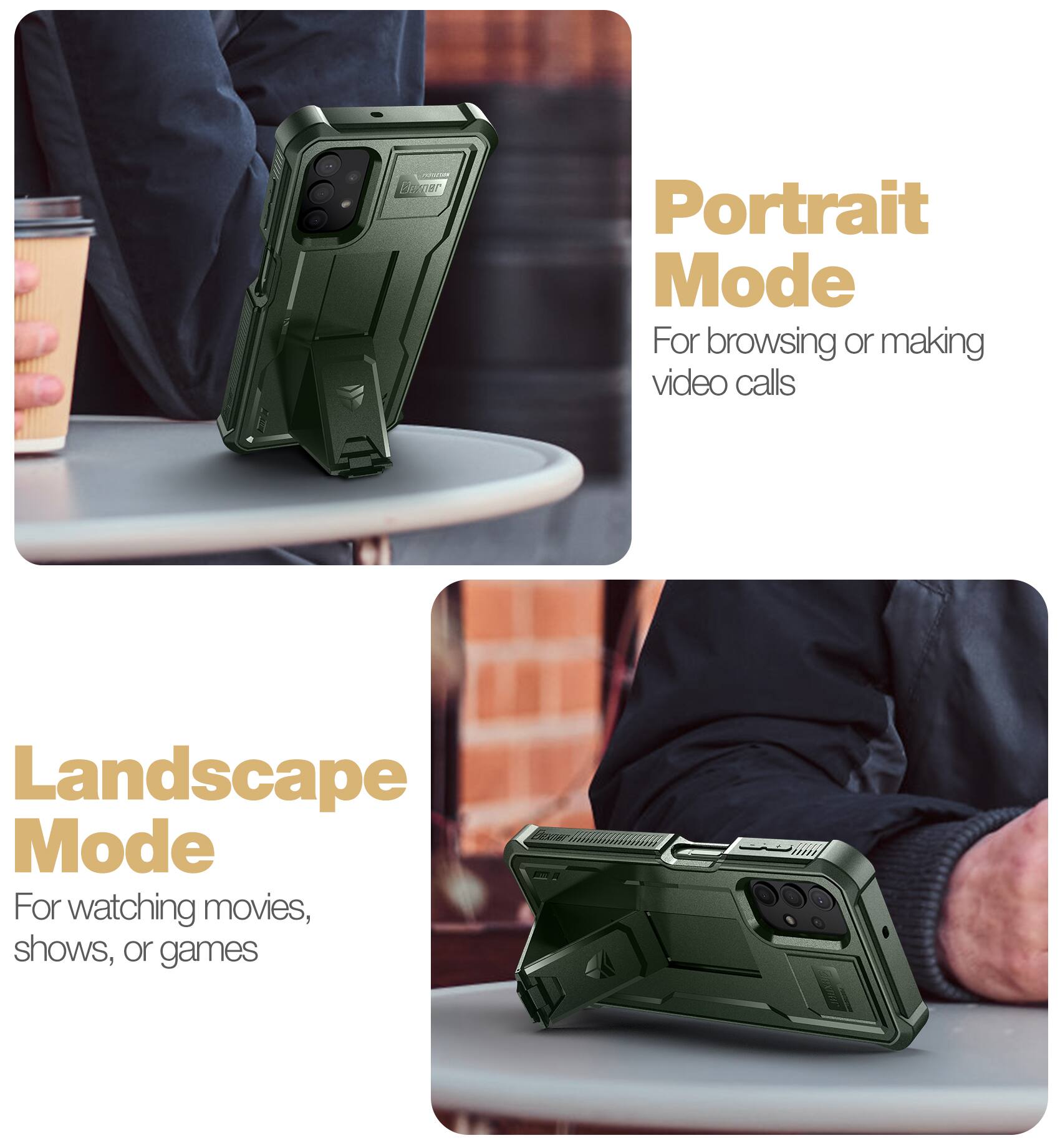 Portrait Mode  
For browsing or making video calls  

Landscape Mode  
For watching movies, shows, or games