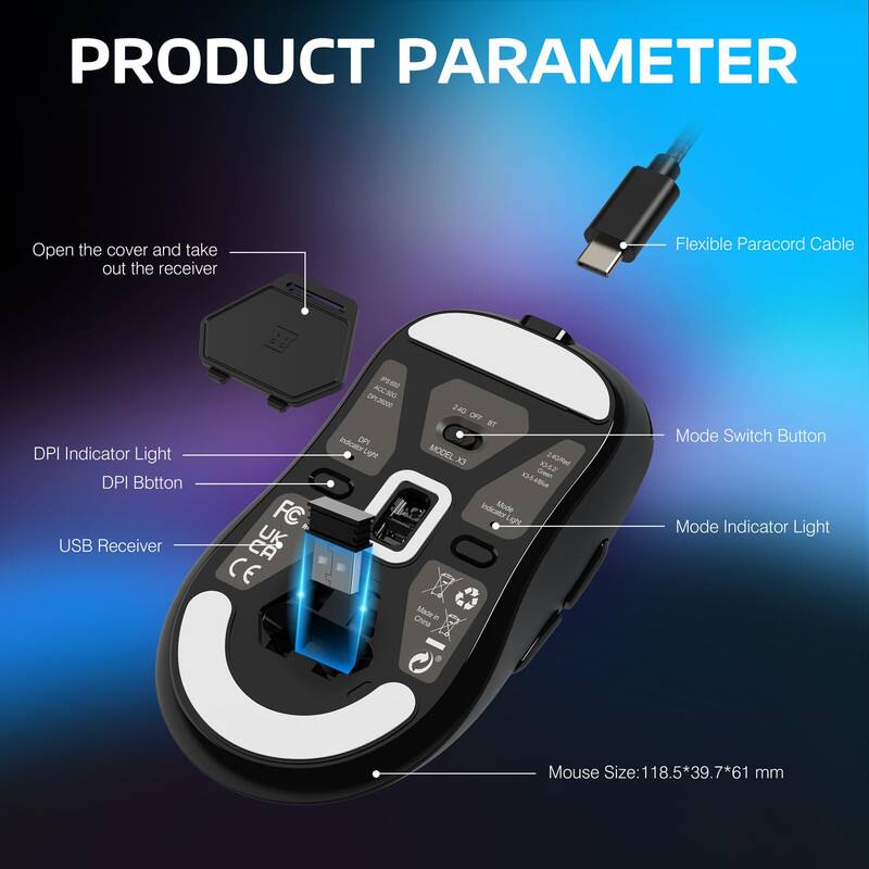PRODUCT PARAMETER

- Open the cover and take out the receiver
- Flexible Paracord Cable
- DPI Indicator Light
- DPI Button
- USB Receiver
- Mode Switch Button
- Mode Indicator Light
- Mouse Size: 118.5*39.7*61 mm

MODEL: EX 24Rml
FC
CE
Made in China
