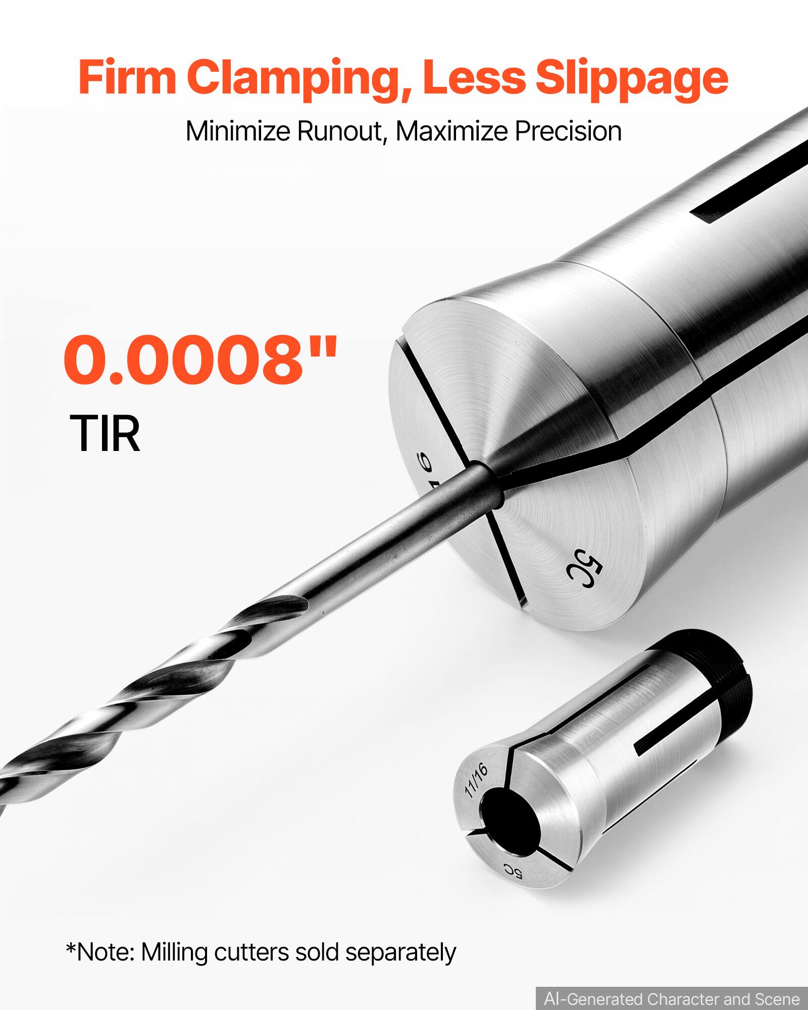 Firm Clamping, Less Slippage  
Minimize Runout, Maximize Precision  
0.0008" TIR  
5C  
11/16  
5C  
*Note: Milling cutters sold separately  
AI-Generated Character and Scene