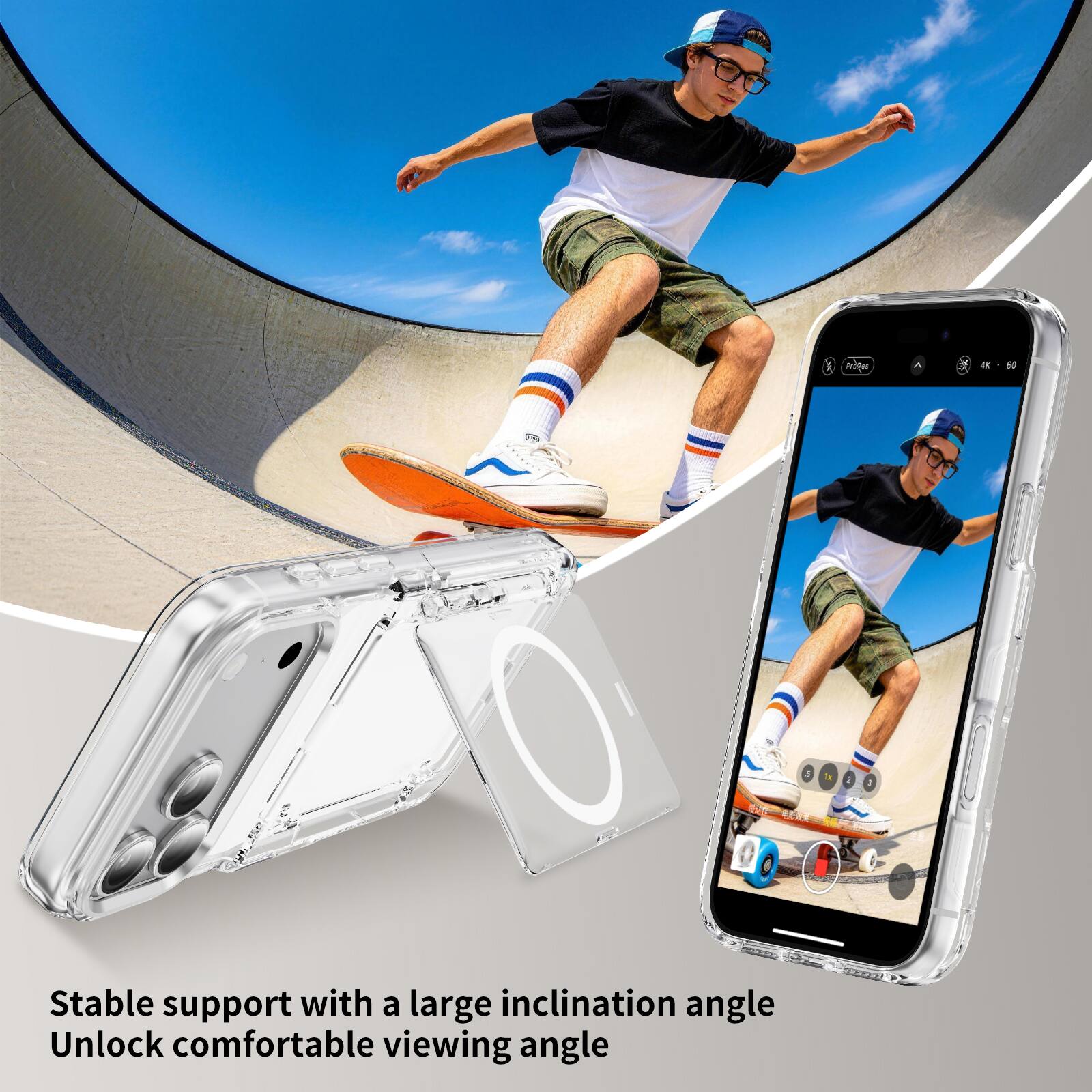 Stable support with a large inclination angle  
Unlock comfortable viewing angle
