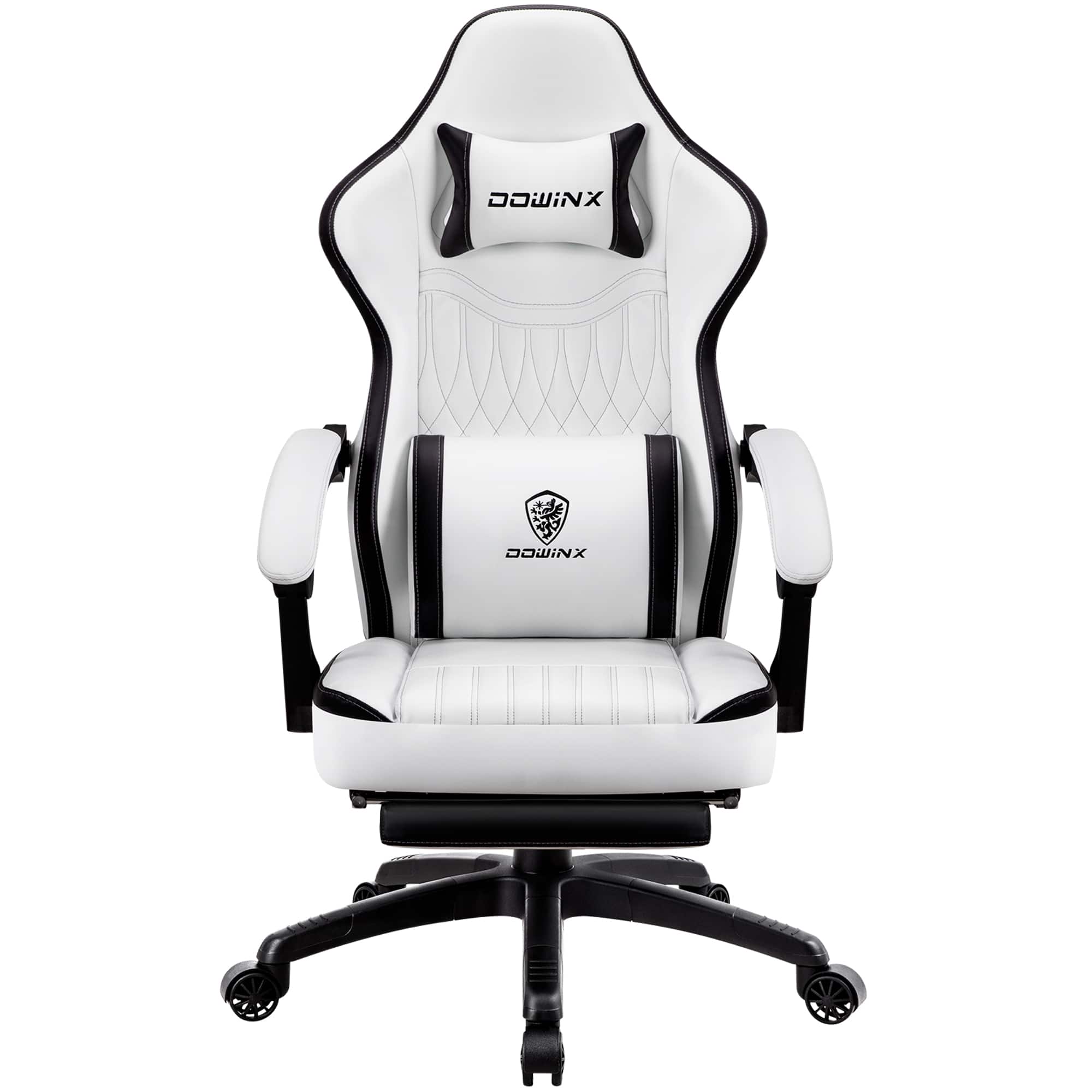 Dowinx - Gaming Chair with Pocket Spring Cushion, Breathable PU Leather Game Chair, Ergonomic Computer Chair with Lumbar Support - White