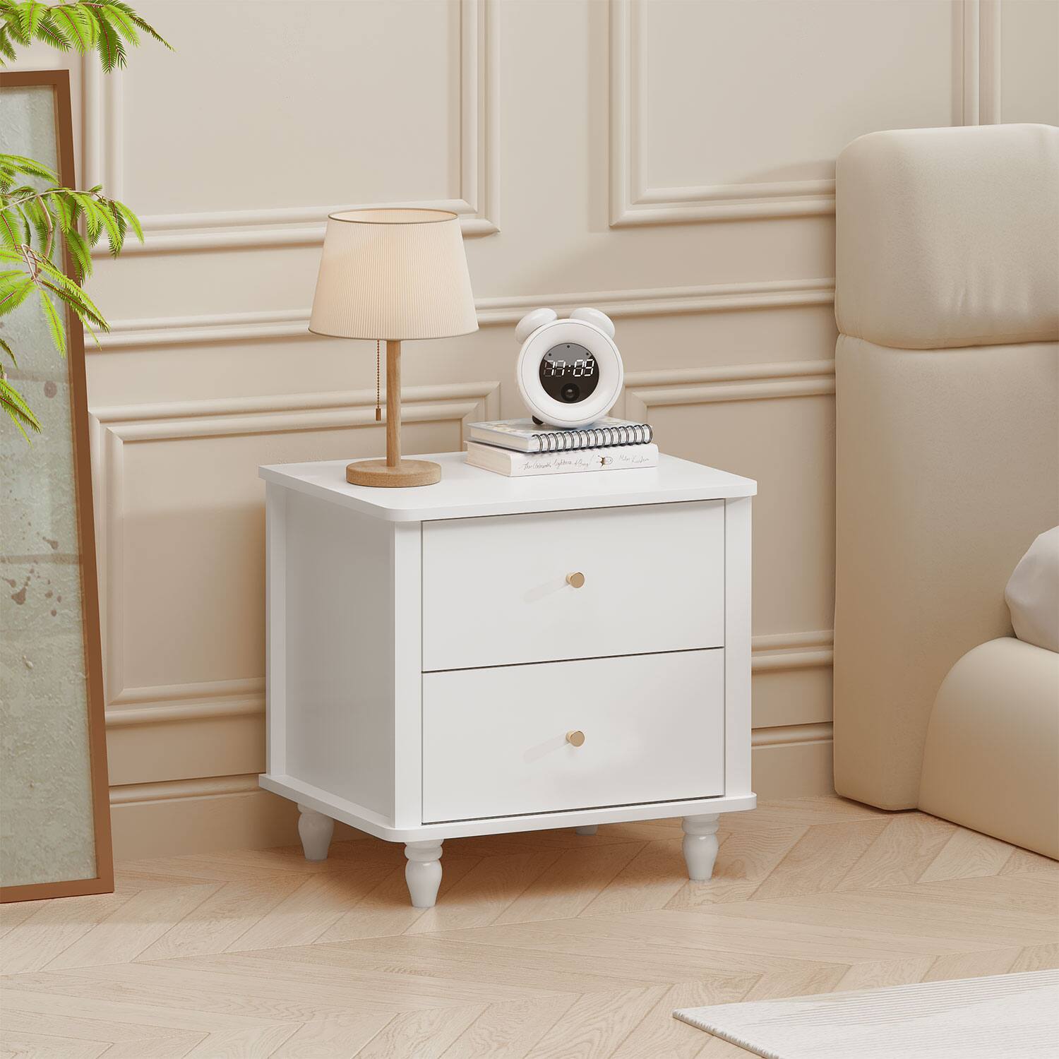 Left. Z-Edge - Modern Nightstand with 2-Drawers, Wooden Bedside Table with Round Knobs, Small End Table for Bedroom, Living Room - White.