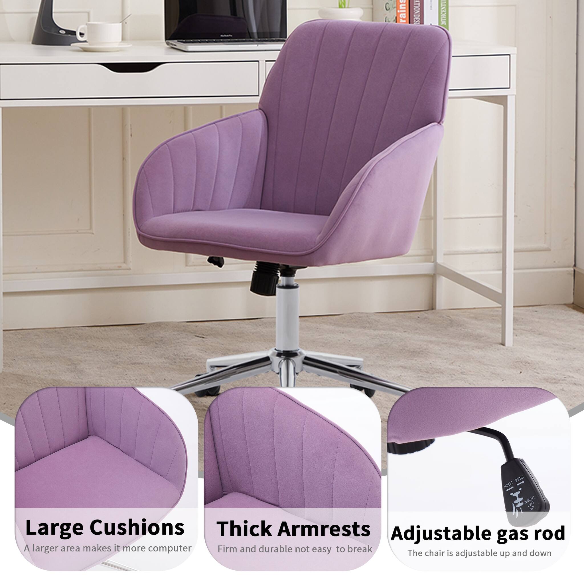 Large Cushions  
A larger area makes it more computer  

Thick Armrests  
Firm and durable not easy to break  

Adjustable gas rod  
The chair is adjustable up and down