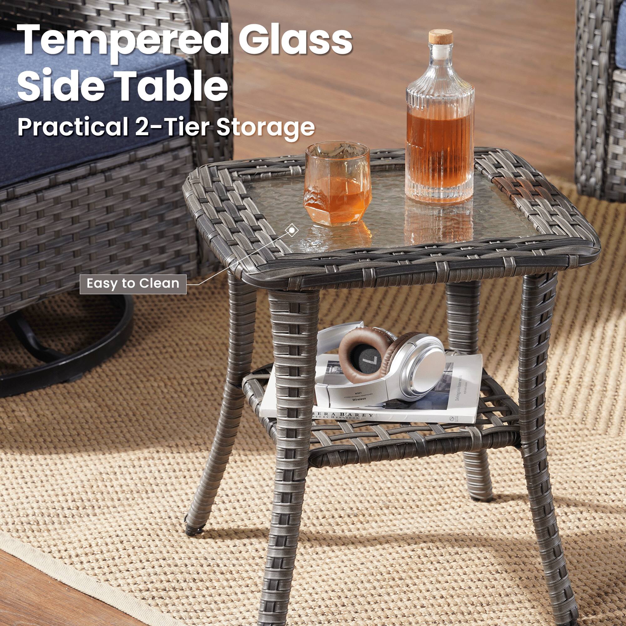 Tempered Glass Side Table  
Practical 2-Tier Storage  
Easy to Clean