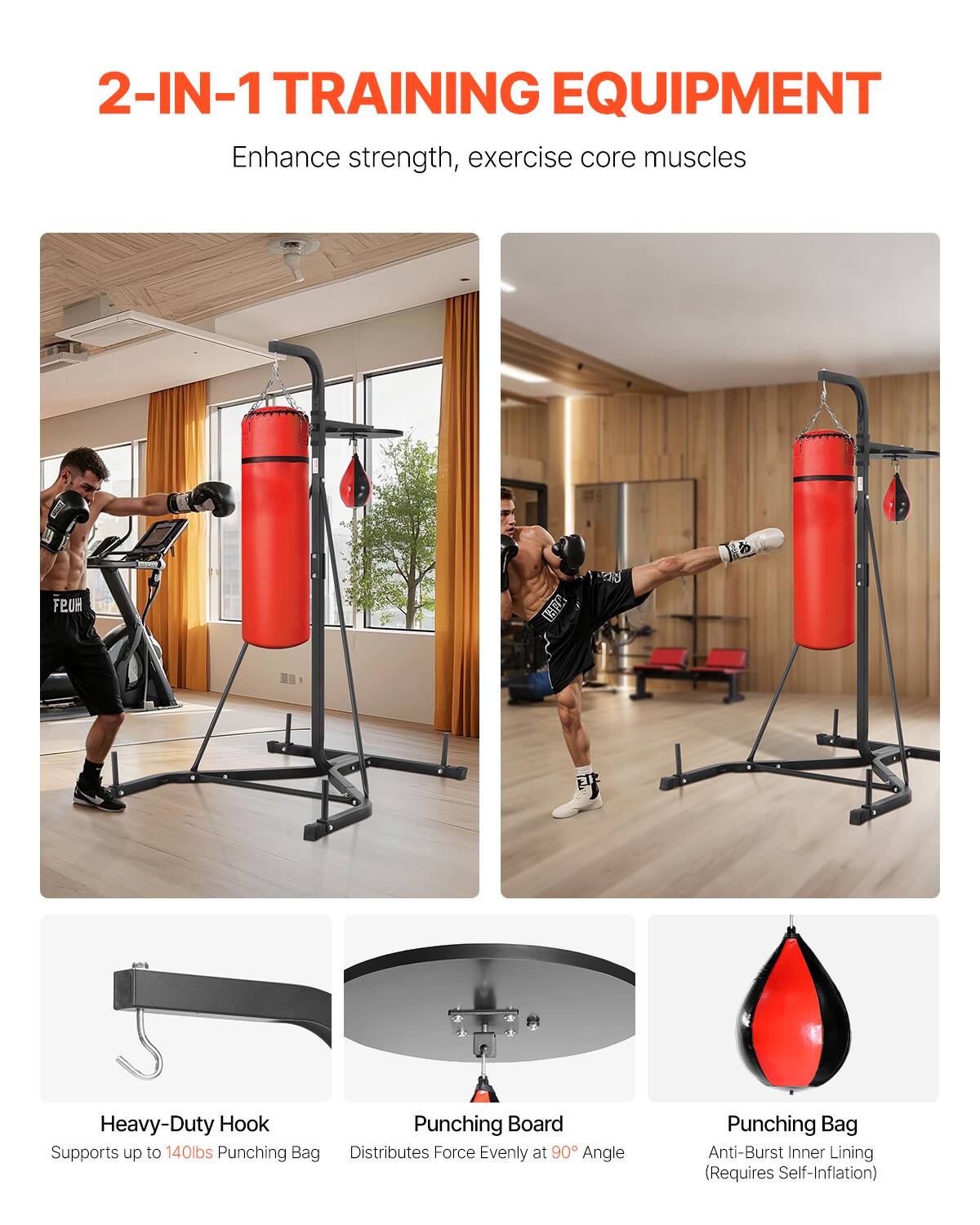 2-IN-1 TRAINING EQUIPMENT
Enhance strength, exercise core muscles

FEUM L
Heavy-Duty Hook
Punching Board
Supports up to 140lbs
Punching Bag
Distributes Force Evenly at 90° Angle
Punching Bag
Anti-Burst Inner Lining
Requires Self-Inflation)