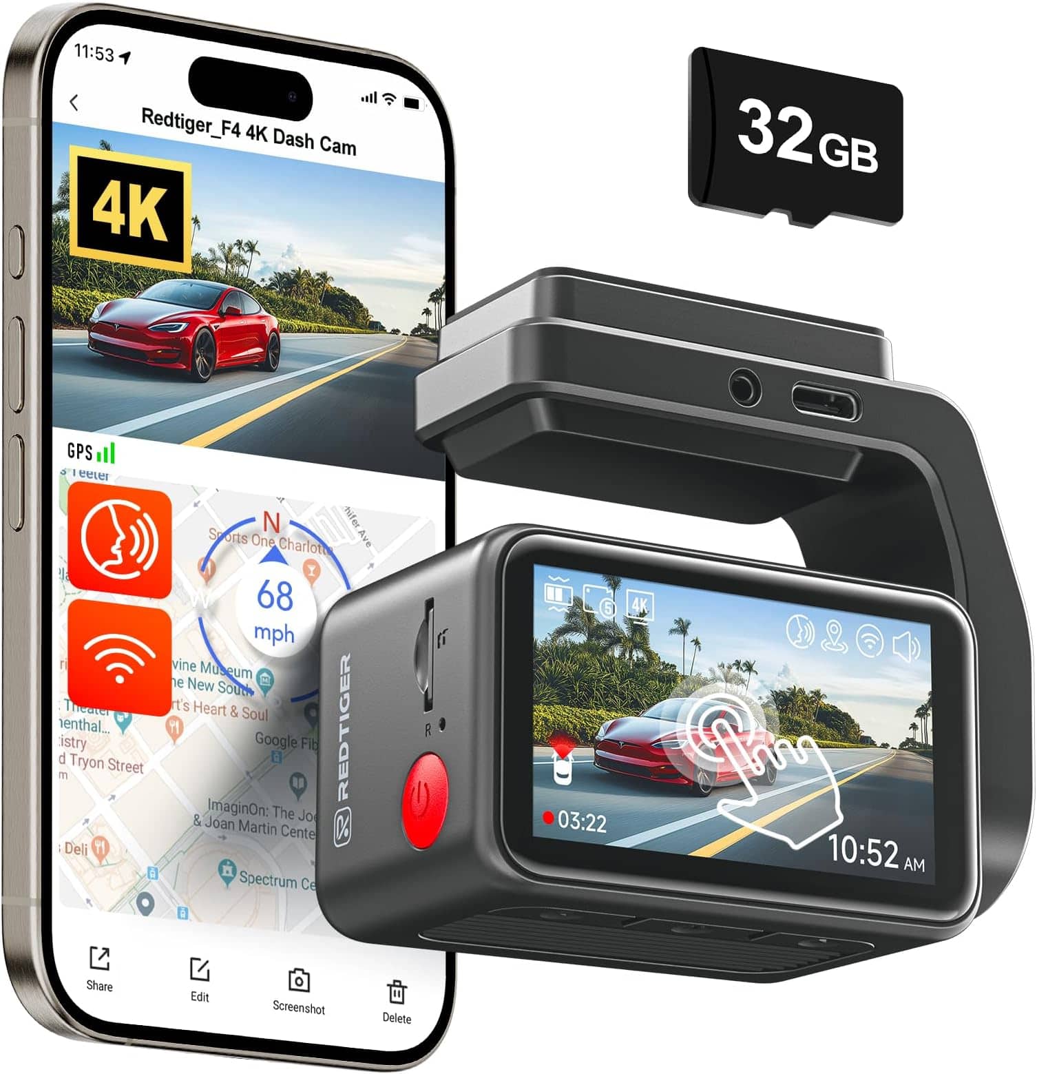REDTIGER - 4K 2.2’’ Touch Screen Dash Cam , Voice Control , Night Vision , 32GB Card , GPS , WiFi - Black