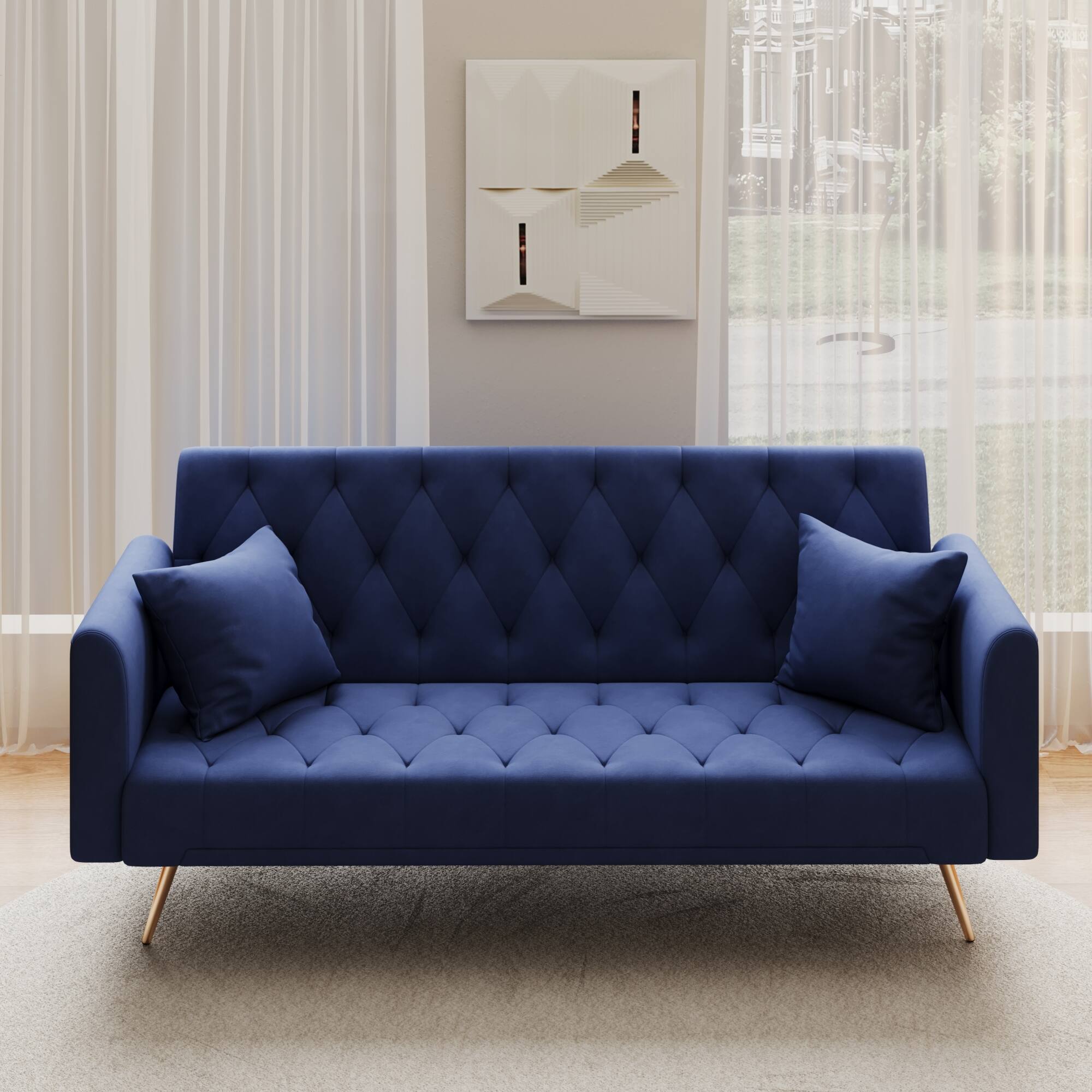 Alt View 1. GOODSILO - Convertible Velvet Sofa Bed with Adjustable Backrest for Small Spaces, Living Room and Office Use - Blue.