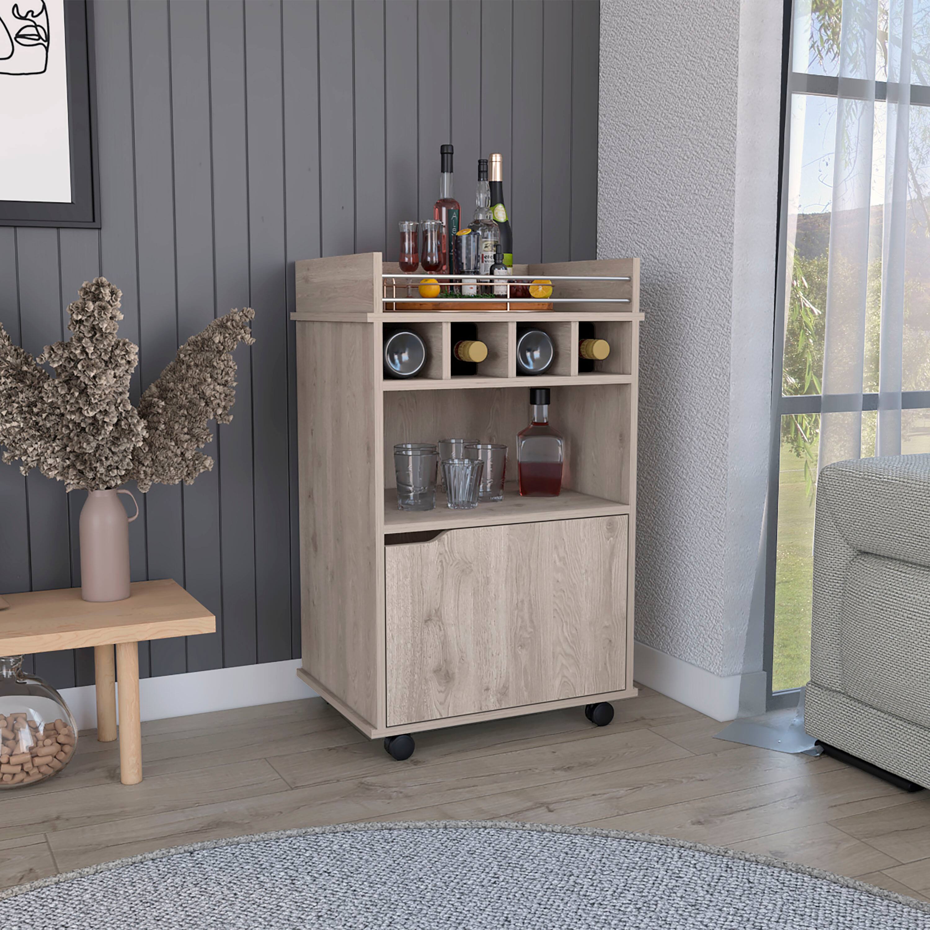 Angle. TuHome - Phoenix Bar Cart with 2 Open Shelves, 4 Wine Cubbies, a cabinet and perfect for Bar Room - Light Pine.