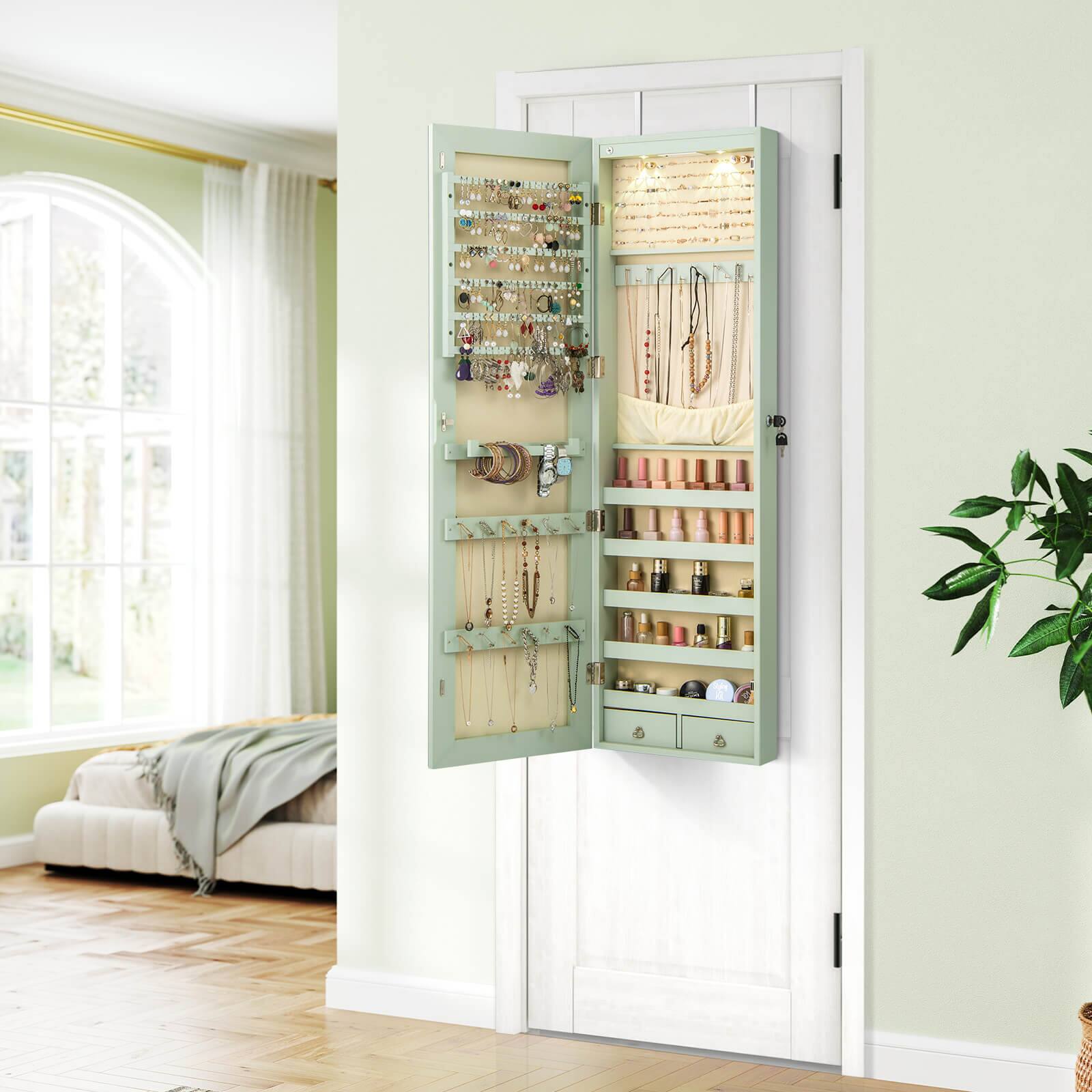 Alt View 3. Costway - Costway Mirrored Wall & Door Mounted Jewelry Cabinet Storage Organizer with Lights&Drawer - Green.