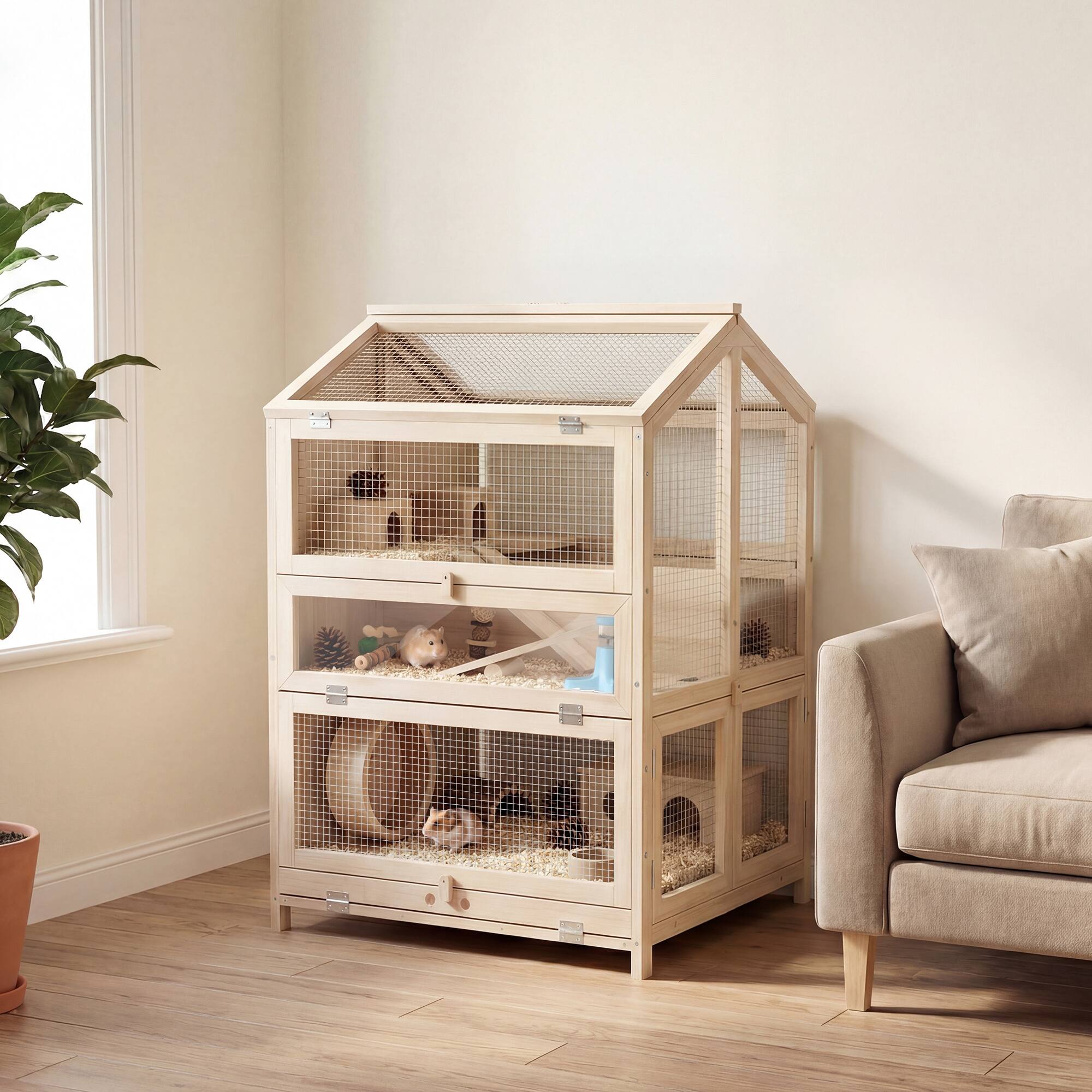 Alt View 1. Pawhut - Hamster Cage, Large 3 Tier Hamster Cage w/ Pull-Out Tray, Openable Top, Hut, Seesaws - Natural, Black, Clear.