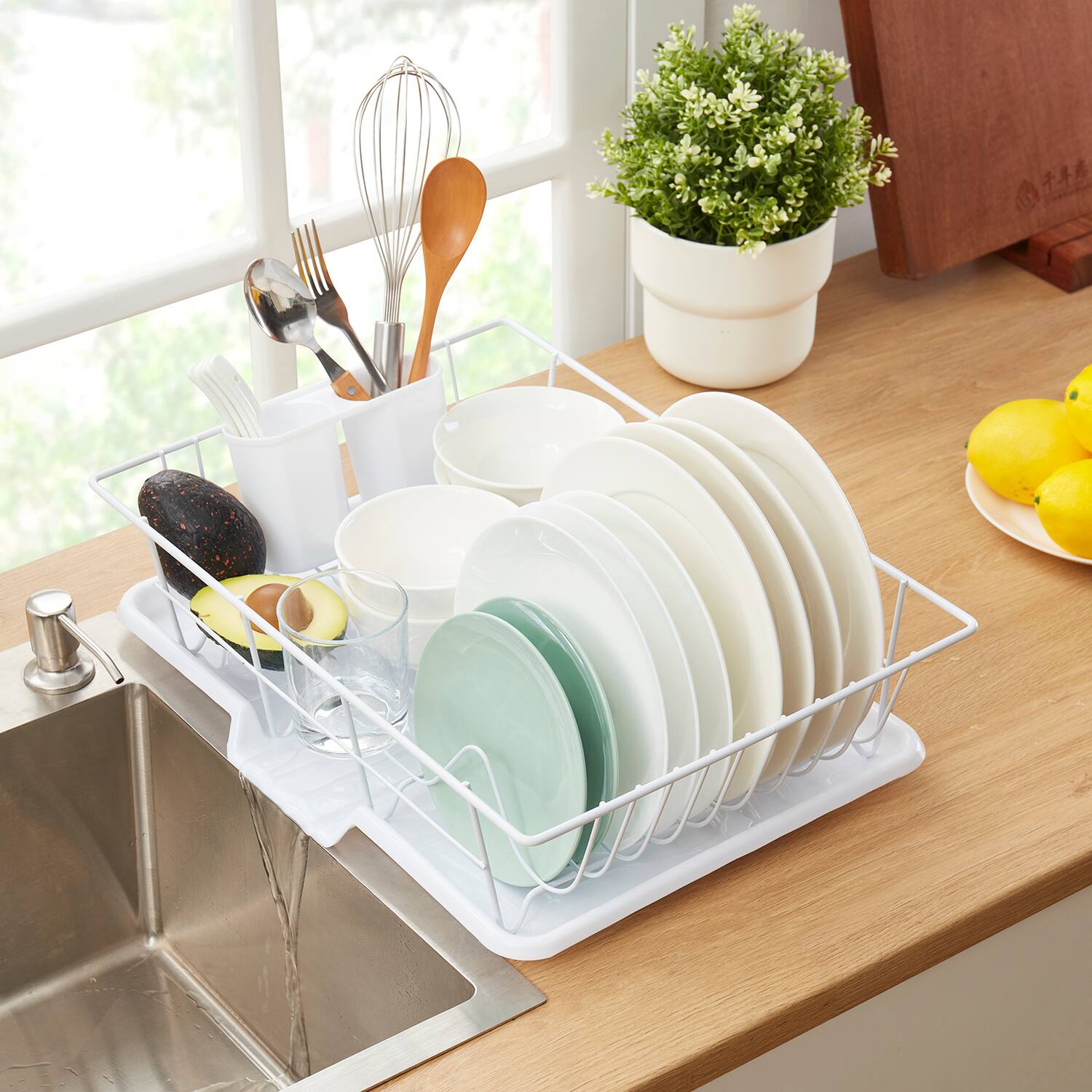 Back. Sweet Home Collection - Steel 3-Piece Large Countertop Dish Drainer with Drain Board & Utensil Holder - White.