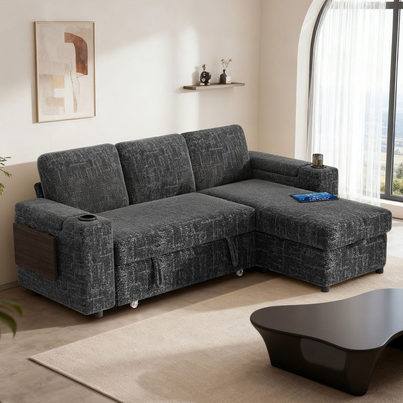 Photos - Sofa Sleeper Dyonery - 85" Modular Sectional , L Shaped 3-Seater   with Pull Out Bed &Hidden Storage, Cup Holders & USB.  