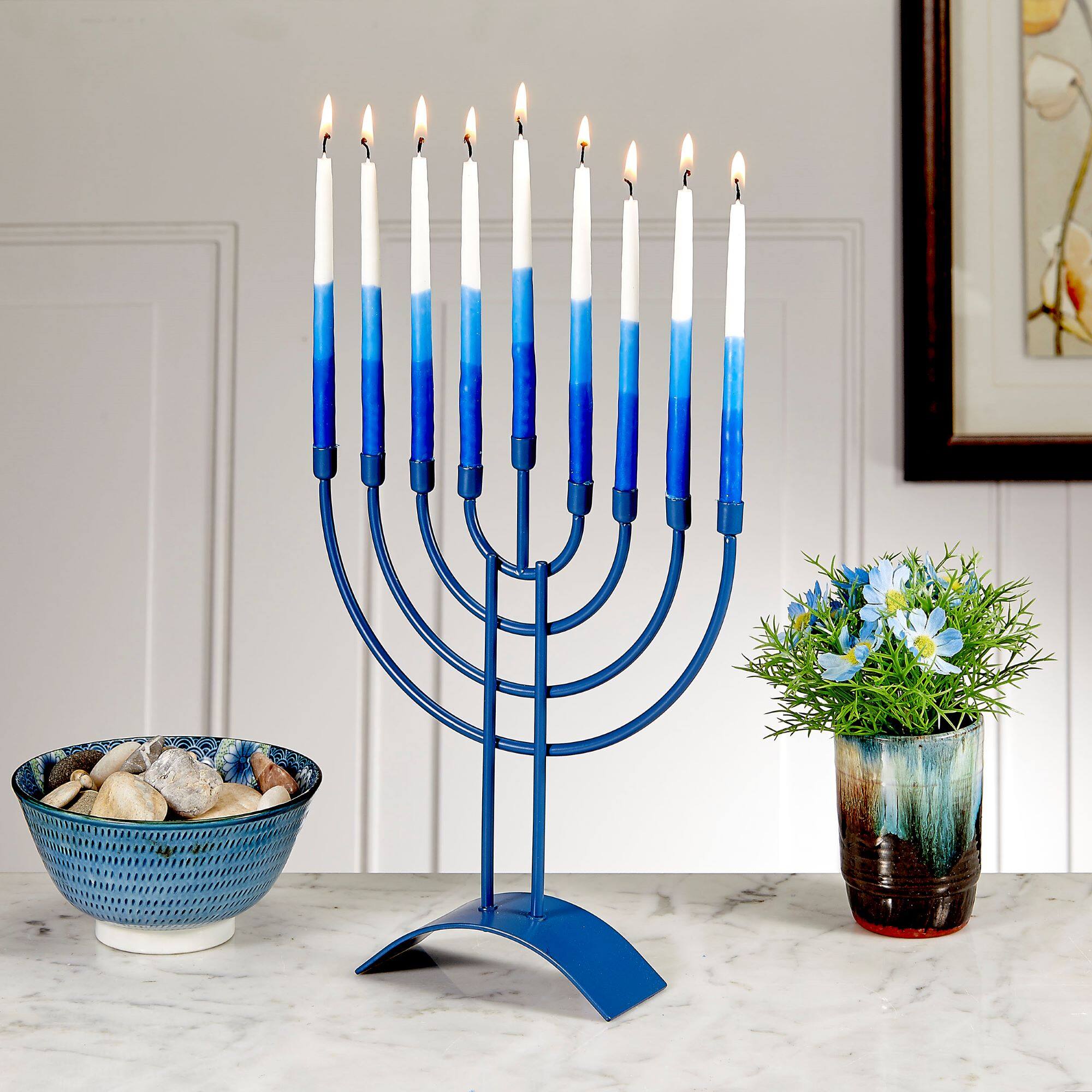 Front. Rite Lite - Traditional Steel Hanukkah Menorah - 8.75" - Slate Blue Finish - Blue.