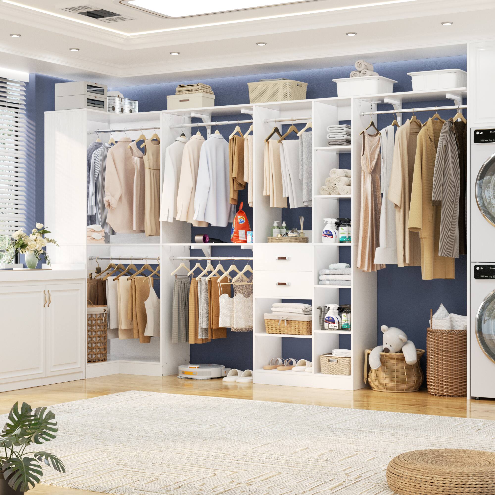 Alt View 2. Aheaplus - 127.5'' Corner Closet Organizer System Set of 2 with Drawers, Hanging Rod and Adjustable Shelves, Reversible - White.
