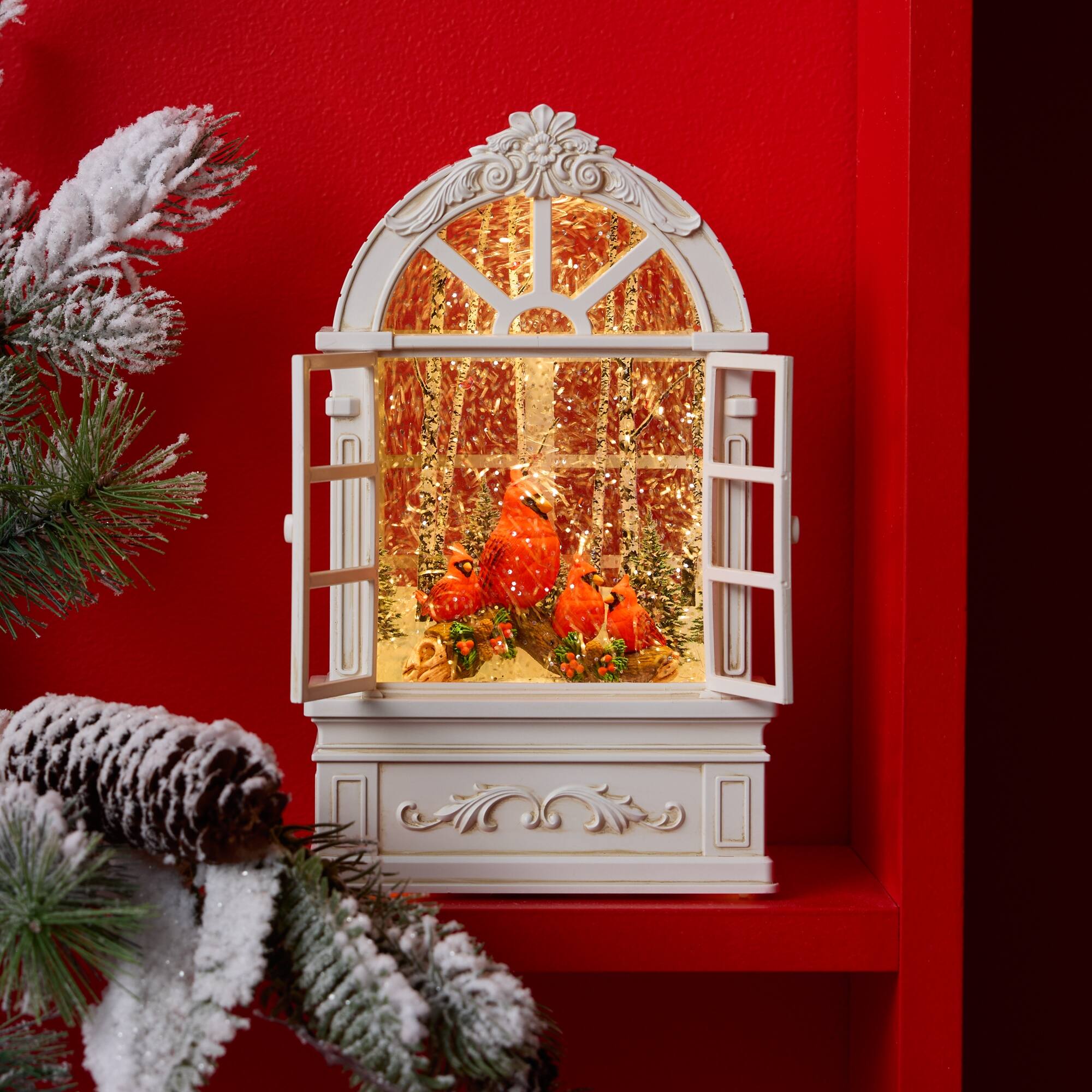 Angle. BreeBe - LED Snow Globe Window with Cardinal Family 9"H - White, Red.