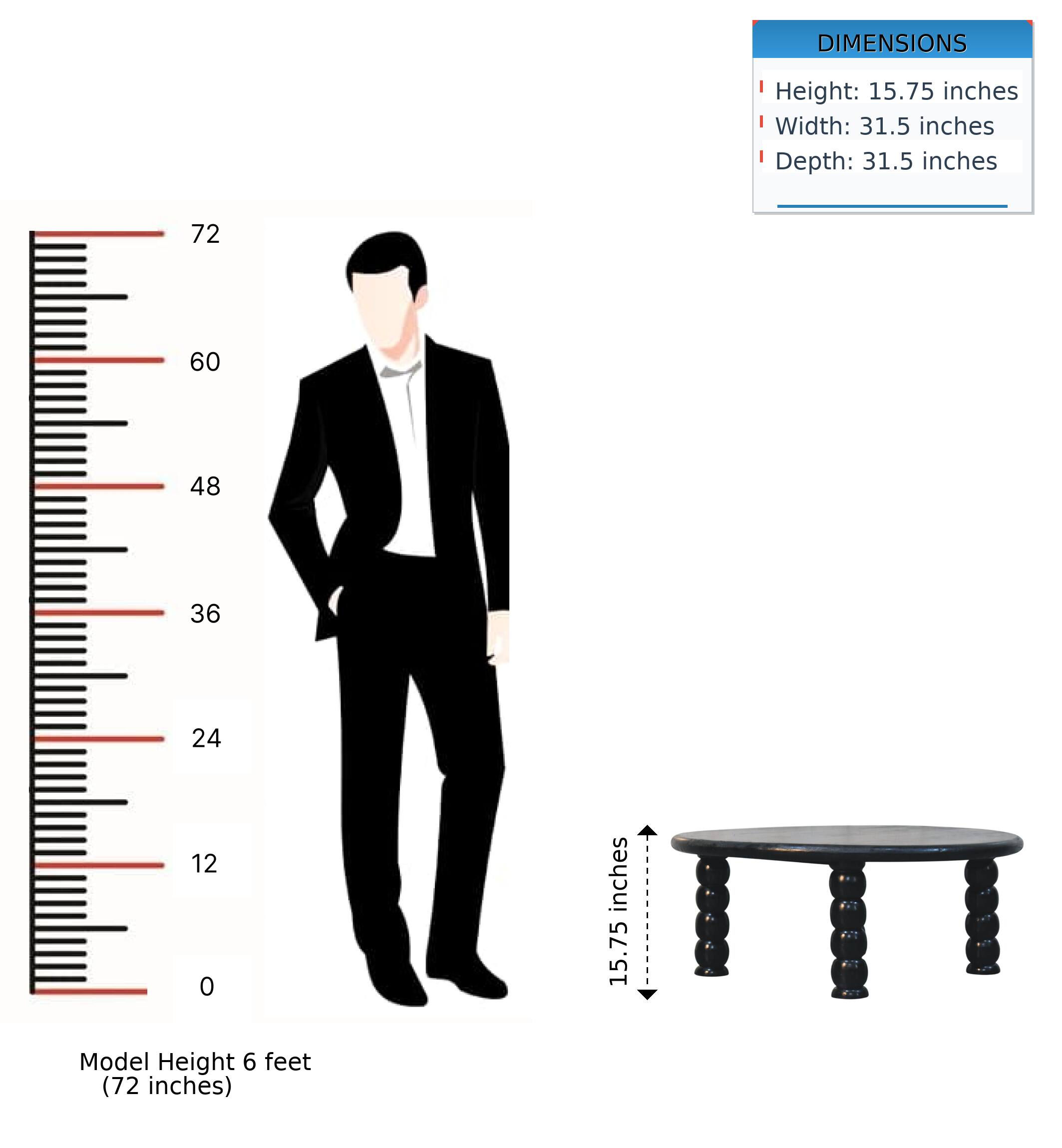 DIMENSIONS
Height: 15.75 inches
Width: 31.5 inches
Depth: 31.5 inches

Model Height 6 feet (72 inches)