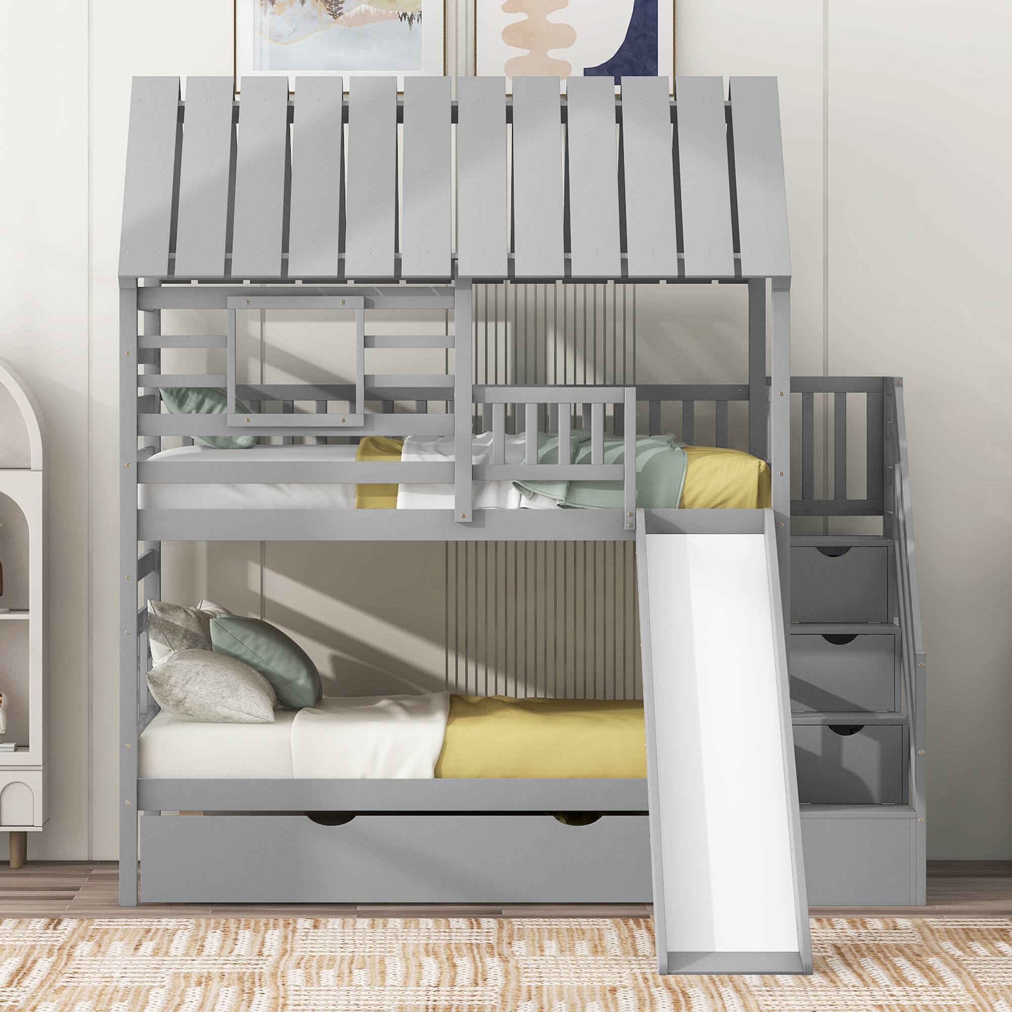Left. Tiramisubest - Twin Bunk Bed with Trundle, Slide, Storage Staircase, Roof & Window, Gray - Gray.