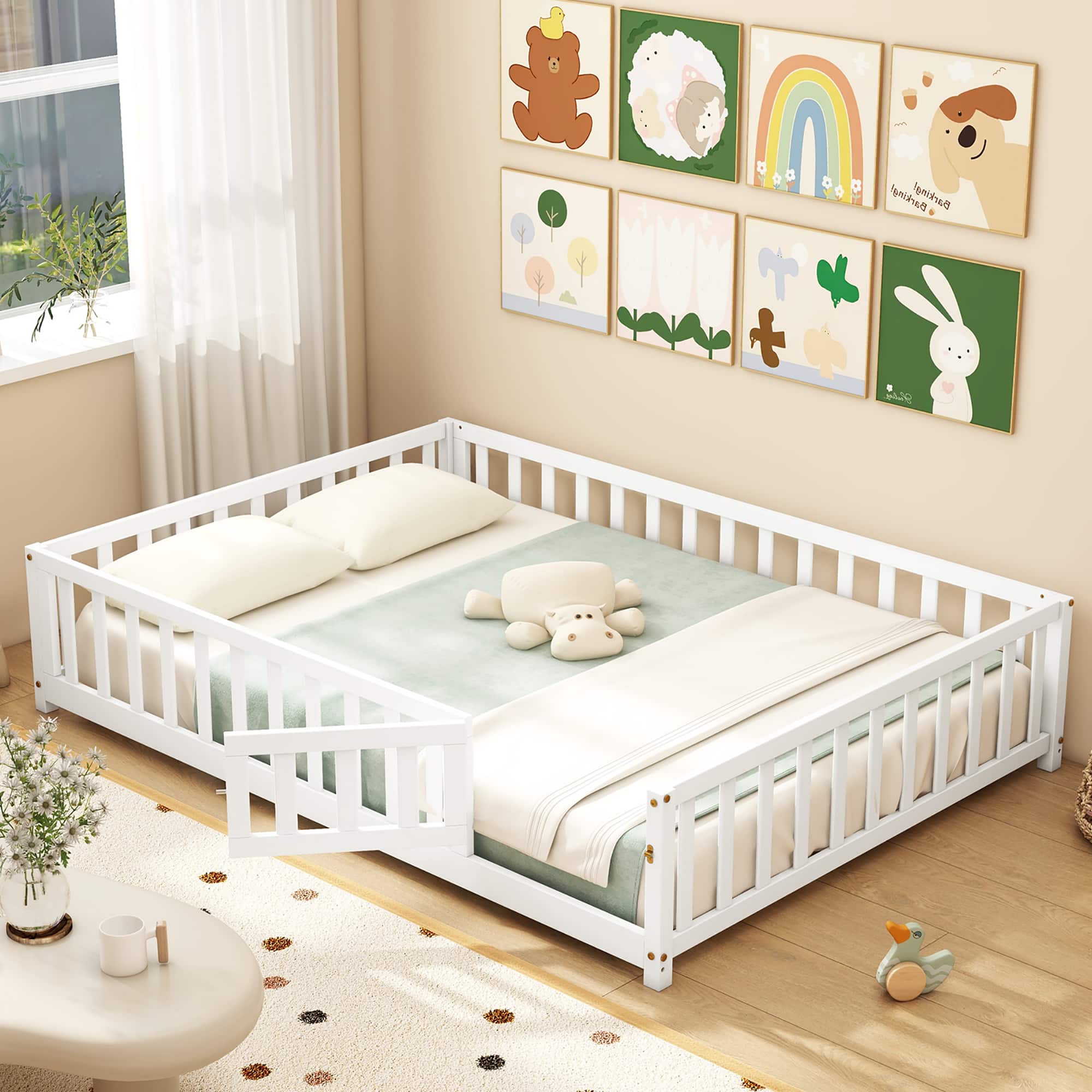 Gymax - Full Size Floor Bed Montessori Bed Frame w/ Full-length Guardrails & Safety Door - White