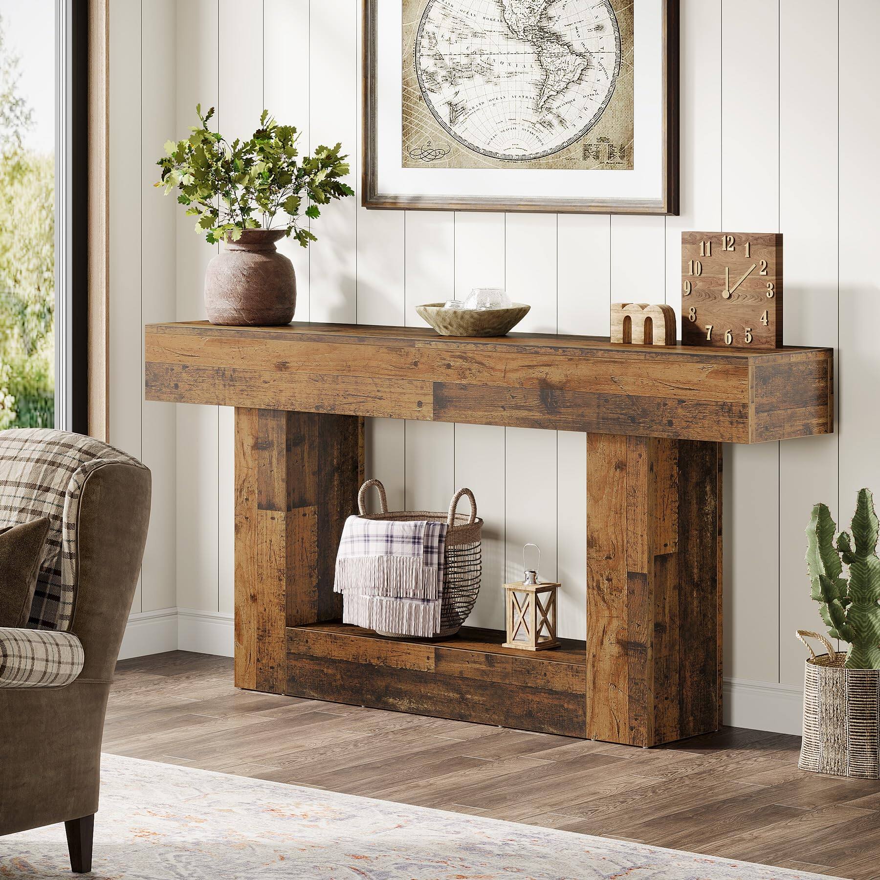 Left. Tribesigns - 63" Console Table, Farmhouse 2-Tier Entryway Table with U-Shaped Base, Narrow Long Wood Sofa Table Behind Couch Table fo - Mix Brown.
