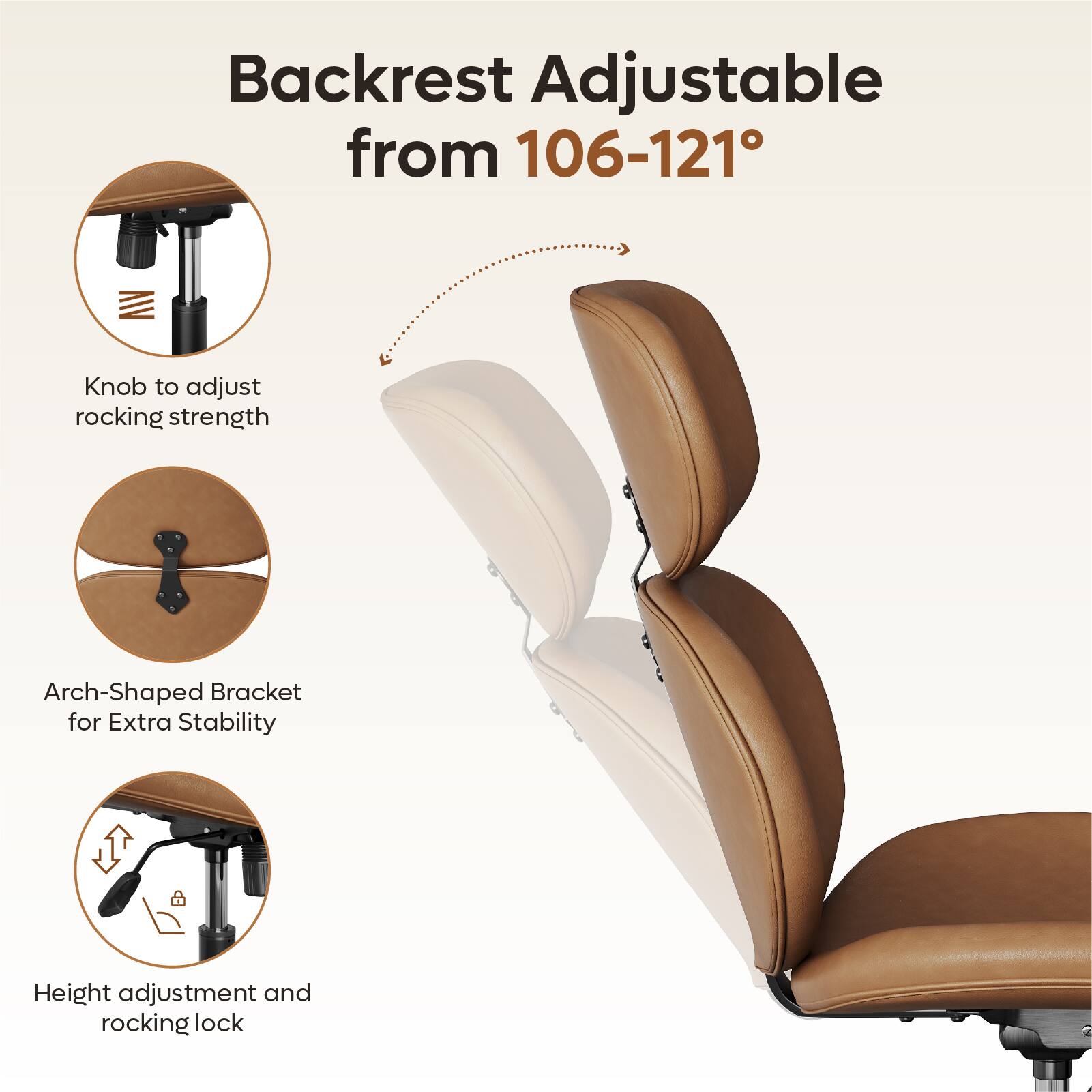 The image features a chair with a backrest adjustable from 106-121 degrees. The backrest is equipped with a knob to adjust the rocking strength, and an arch-shaped bracket for extra stability. The chair also has a height adjustment and rocking lock for added comfort and support.