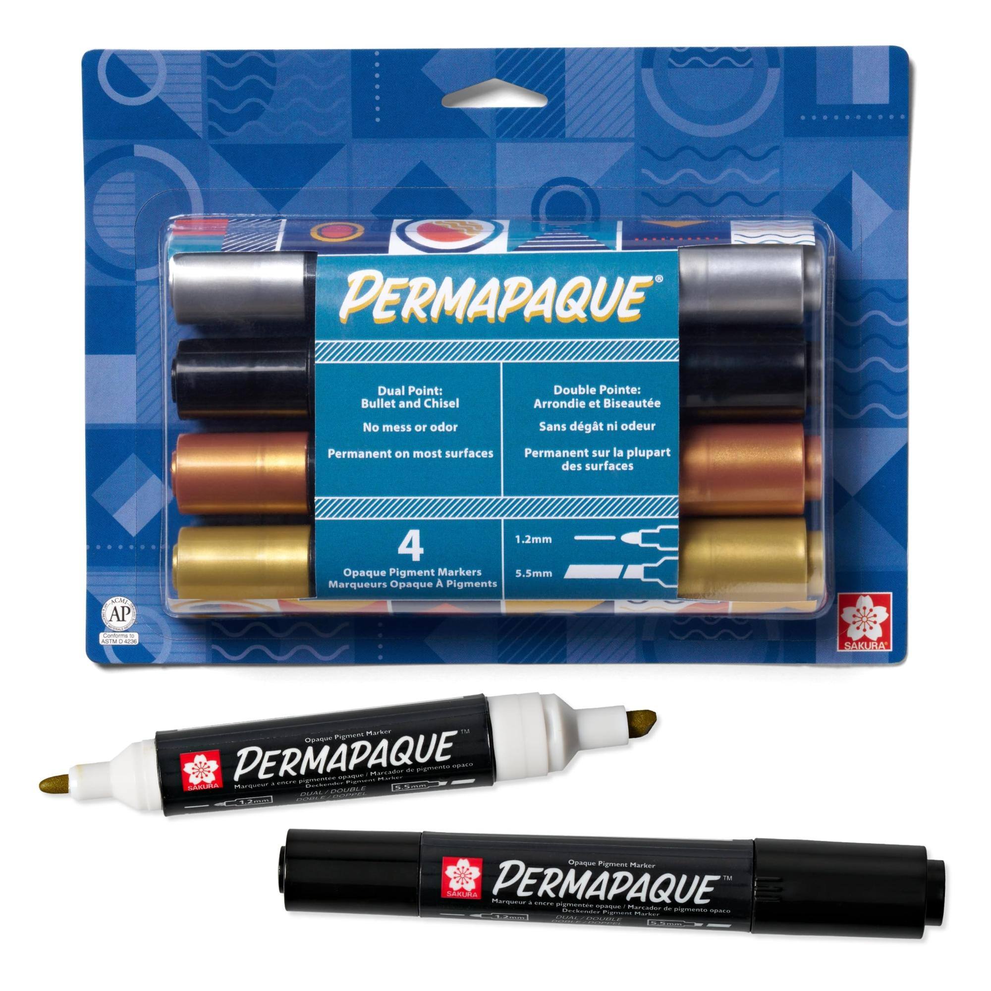 PERMAPAQUE  
Dual Point: Bullet and Chisel  
Double Pointe: Arrondie et Biseaute  
No mess or odor  
Sans dégât ni odeur  
Permanent on most surfaces  
Permanent sur la plupart des surfaces  
1.2mm 4 Opaque Pigment Markers  
5.5mm Marqueurs Opaque A Pigments  
AP  
Contains MMM  
SAKURA  
Pigment Marker Opaque SAKURA PERMAPAQUE