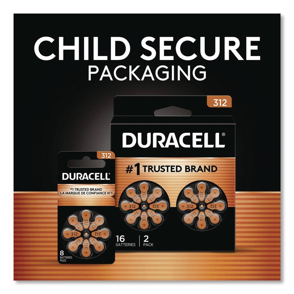 CHILD SECURE PACKAGING

DURACELL

312

#1 TRUSTED BRAND
LA MARQUE DE CONFIANCE N°1

16 BATTERIES
2 PACK

8 BATTERIES
2 PACK