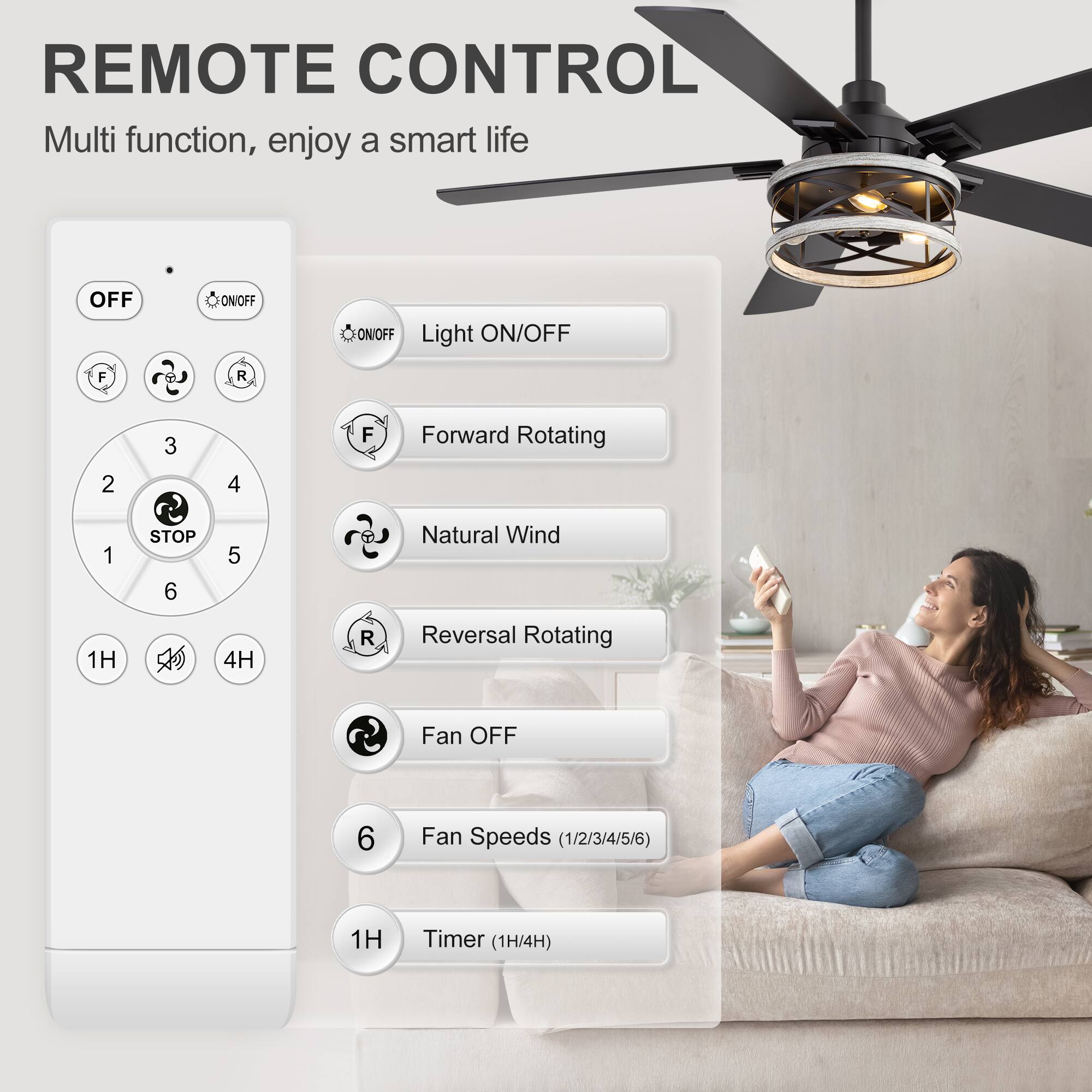 REMOTE CONTROL  
Multi function, enjoy a smart life  

- OFF  
- ON/OFF  
- Light ON/OFF  
- Forward Rotating  
- Natural Wind  
- Reversal Rotating  
- Fan OFF  
- Fan Speeds (1/2/3/4/5/6)  
- Timer (1H/4H)  
- 1H  
- 4H