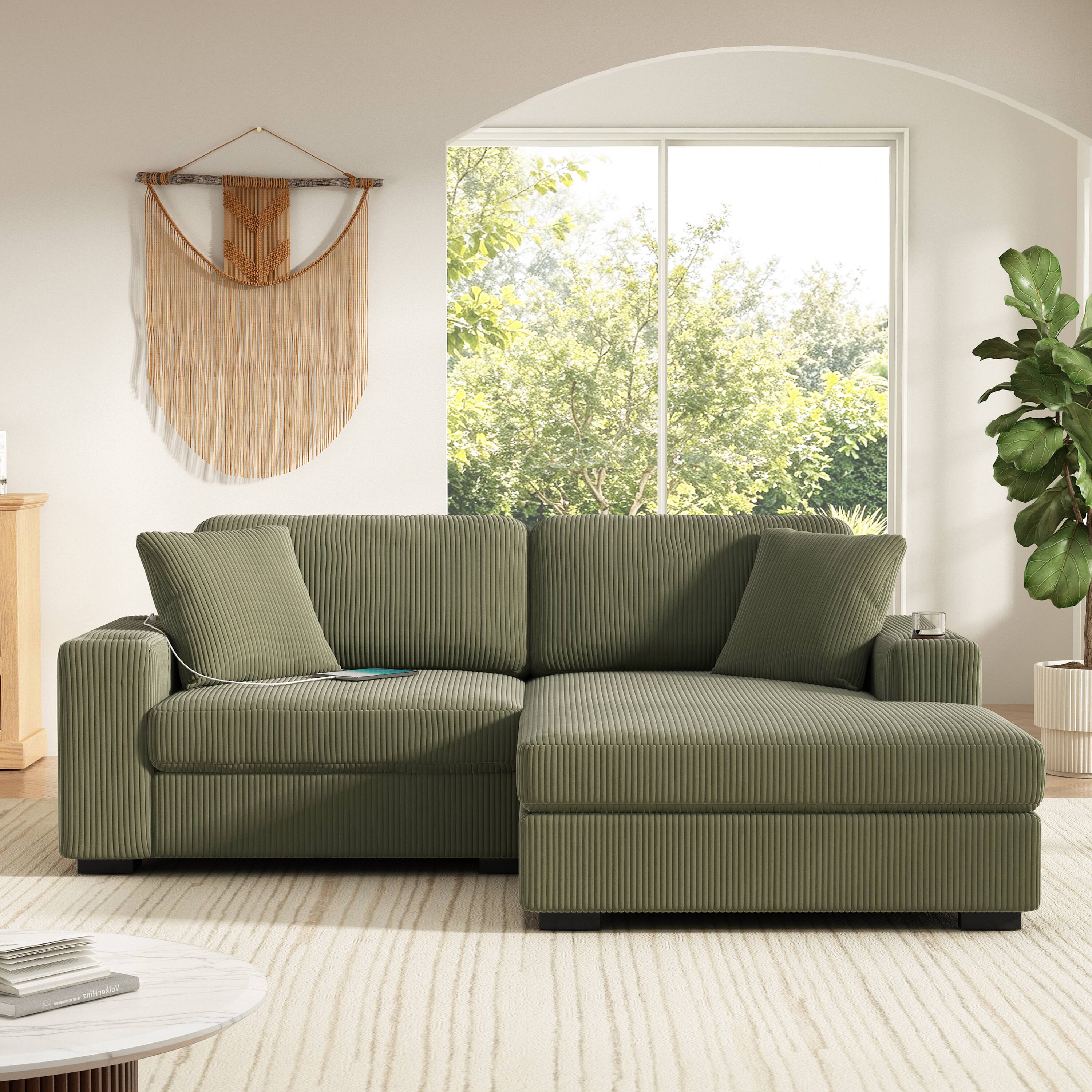 Angle. Whisen - 86.5" L-Shaped Corduroy Sectional Sofa with Chaise & Cup Holders for Living Room - Green.