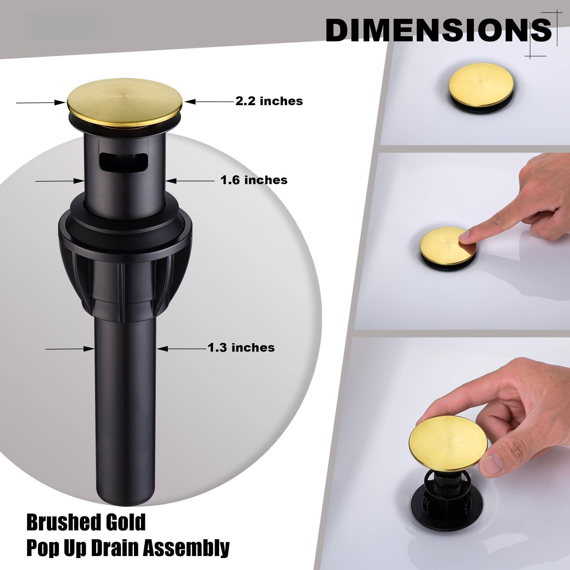 DIMENSIONS  
2.2 inches  
1.6 inches  
1.3 inches  

Brushed Gold Pop Up Drain Assembly