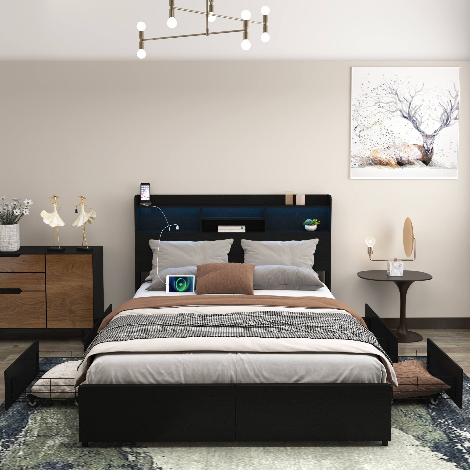 Alt View 2. GOODSILO - Full Size Bed Frame with Storage Drawers, Headboard, Charging Station, and LED Lighting - Black.