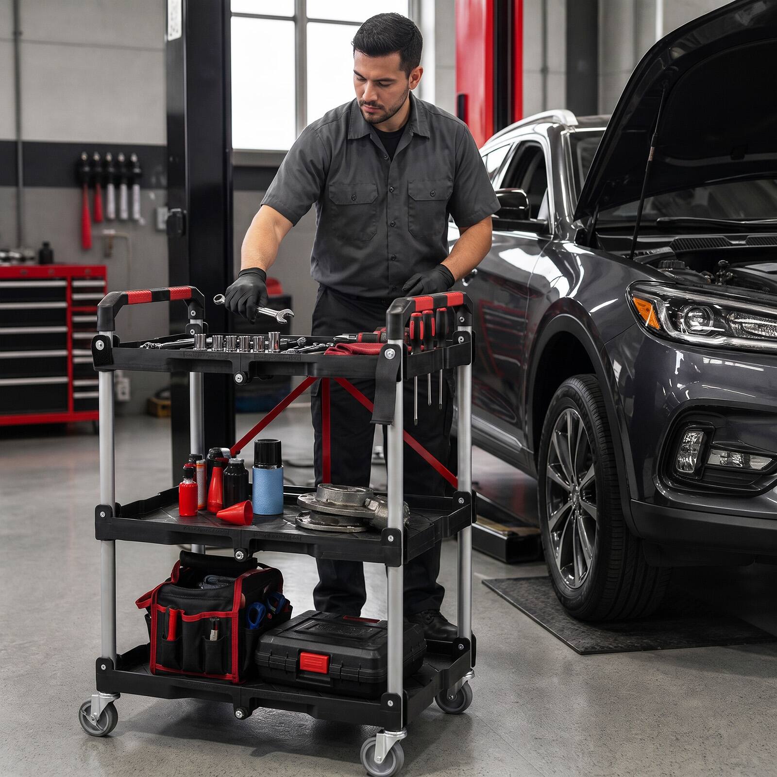 Alt View 1. Costway - Costway 3-Tier Folding Utility Cart with Swivel Wheels, Brakes, Portable Rolling Tool Cart - Black.