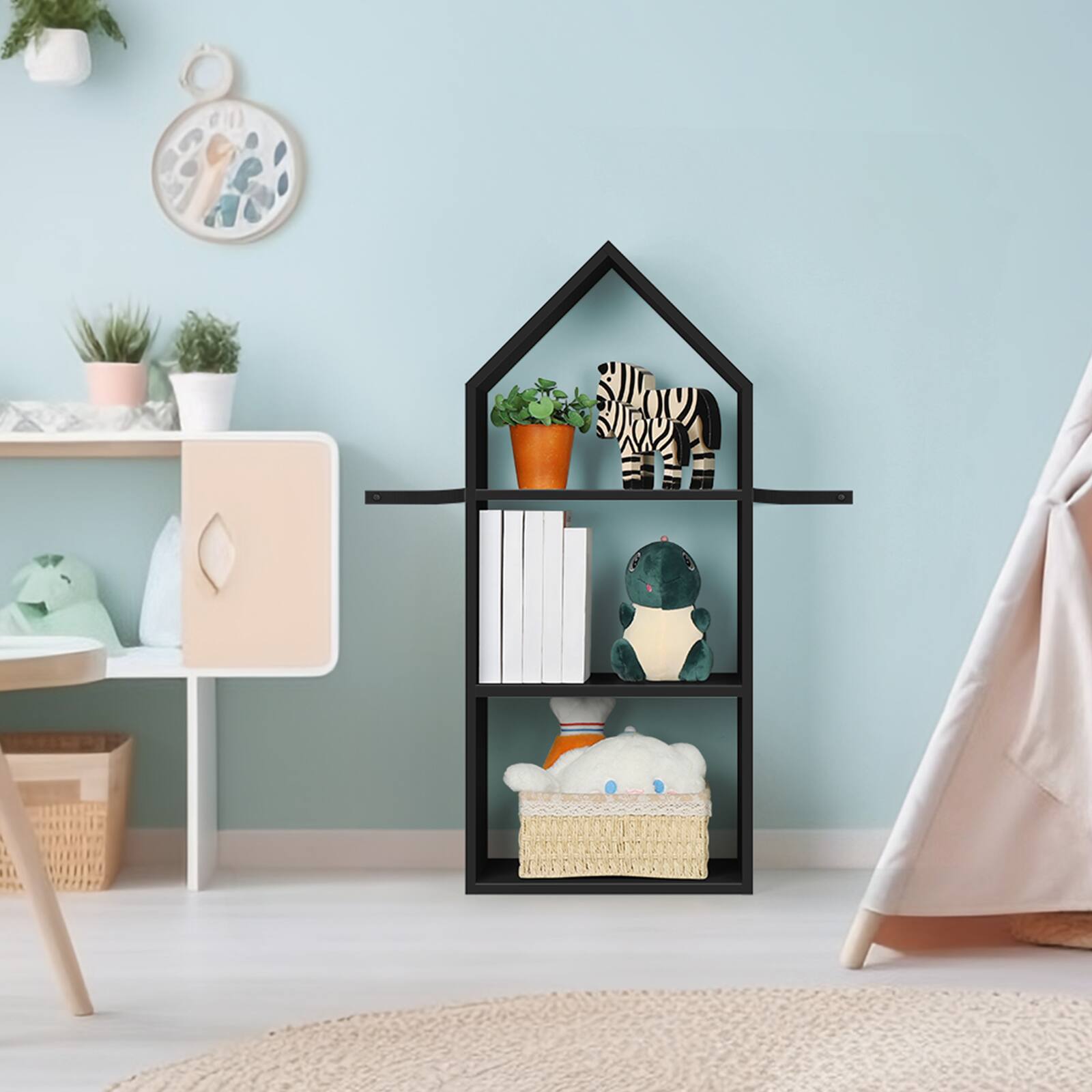 Alt View 1. Oumilen - House-Shaped 3-Tier Black Bookshelf - Black.