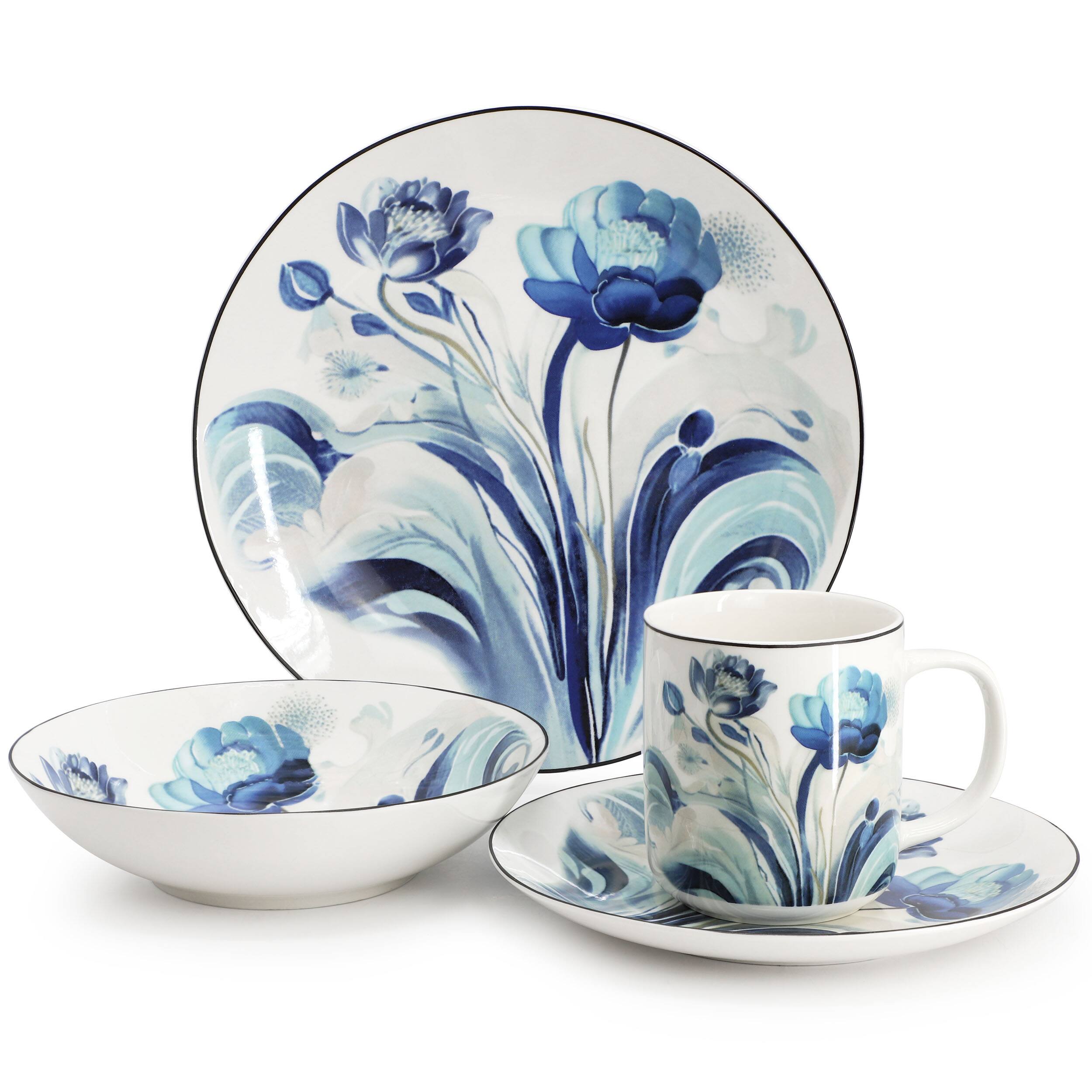 Alt View 1. Elama - Elama Peony Garden 16 Piece Floral Design Round Porcelain Dinnerware Set in Blue - White and Blue.