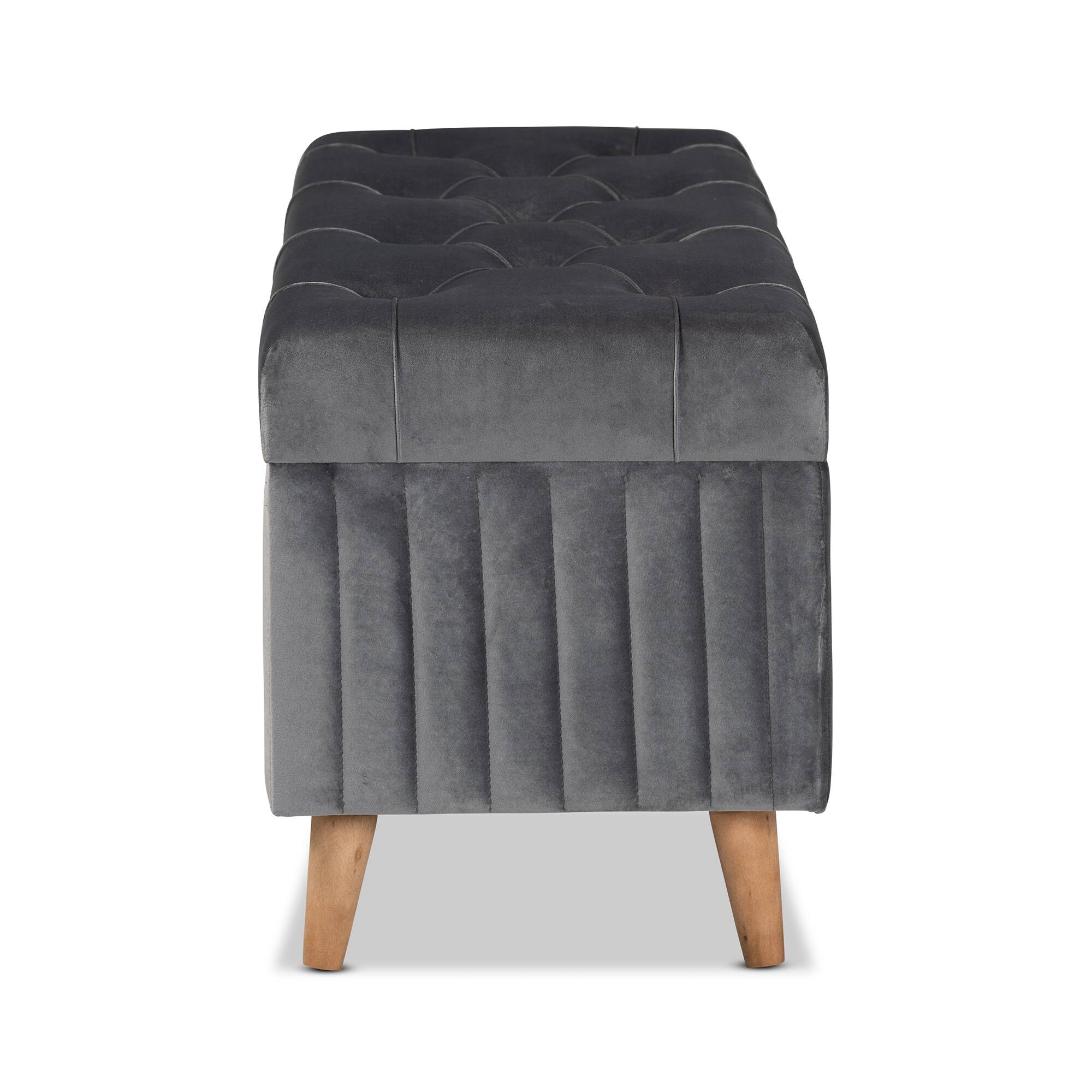 Back. Baxton Studio - Hanley Modern and Contemporary Velvet Fabric Upholstered and Walnut Brown Finished Wood Storage Ottoman - Grey/Walnut Brown.